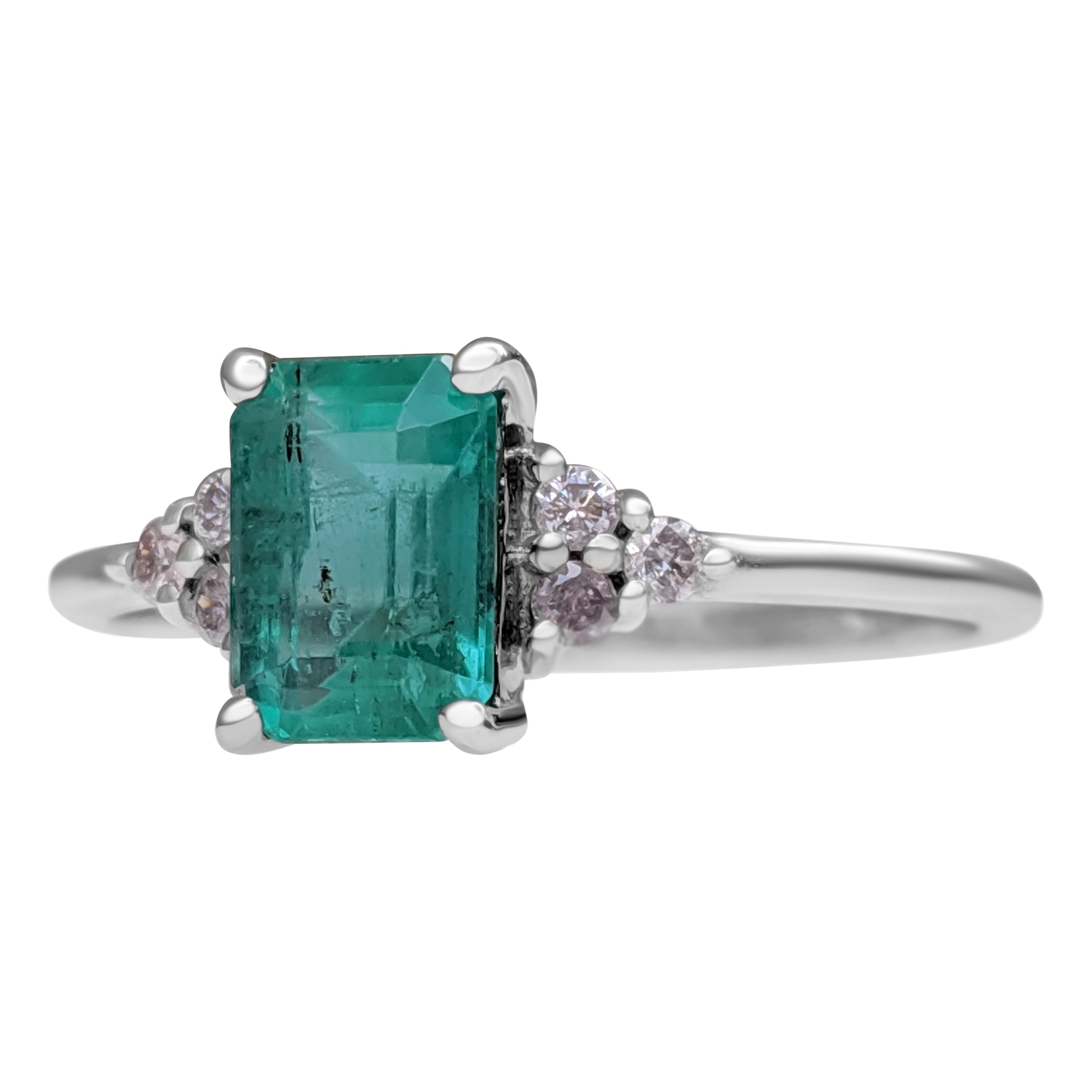 NO RESERVE! 1.10 Carat Emerald & 0.11Ct Pink Diamonds - 14K White Gold Ring