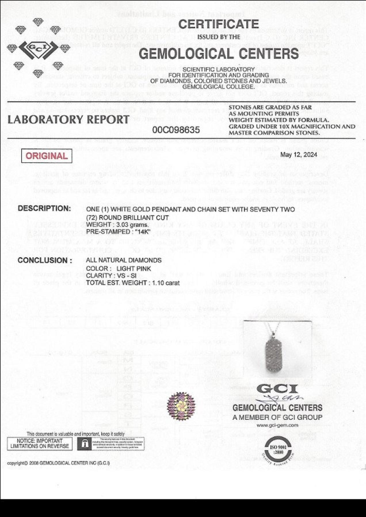 Center Stone:
___________
Natural Diamond
Cut: Round Brilliant
Carat: 1.10 carat
Color: Light Pink
Clarity: VS-SI

Necklace length: 42 cm + 2.5*1 cm pendant

VAT and TAXES:
Please be aware that your country of residence may impose customs and import