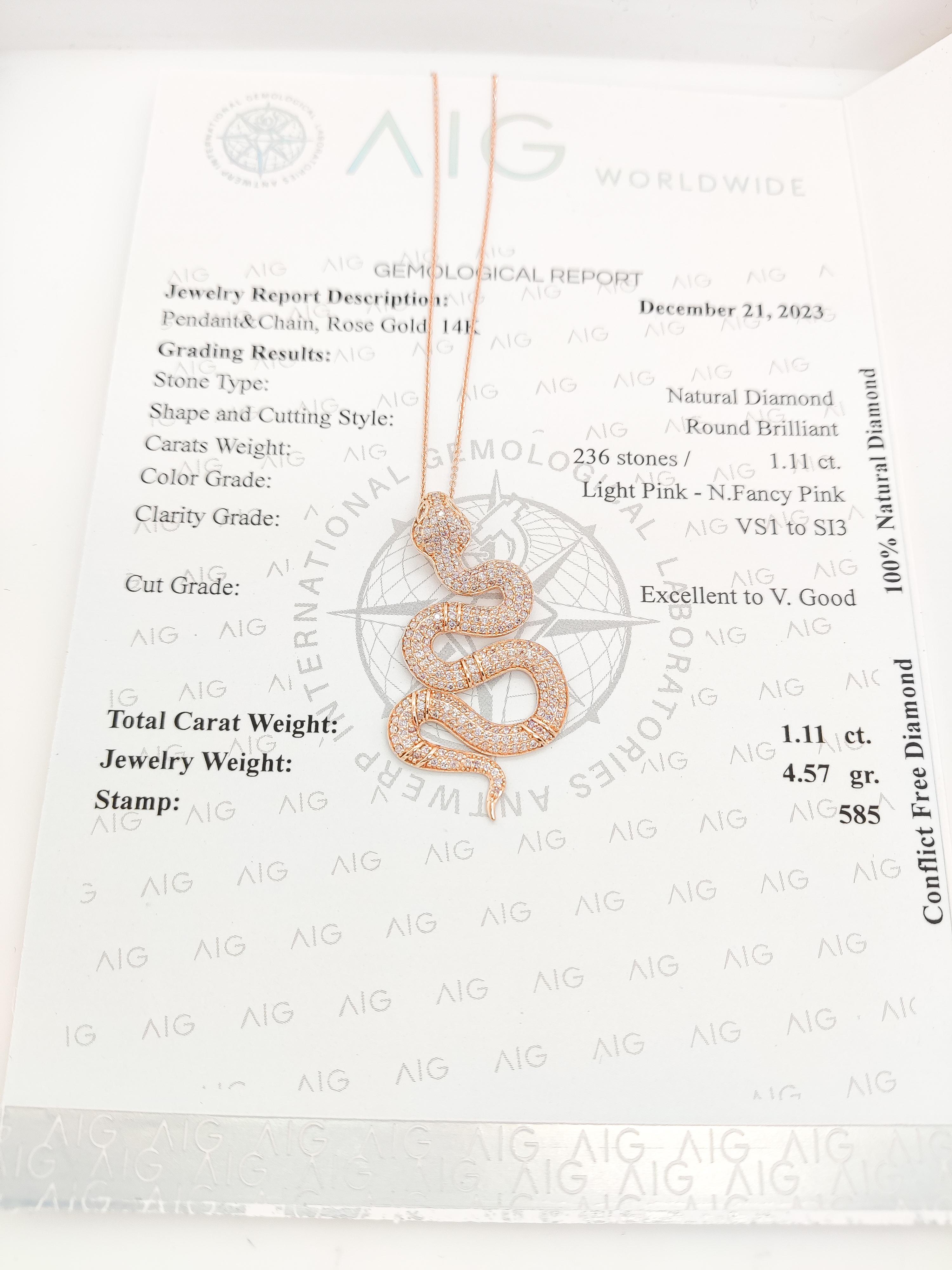 NO RESERVE - 1,11ct Runde Fancy Pink Diamond 14k Rose Gold Anhänger Halskette Damen