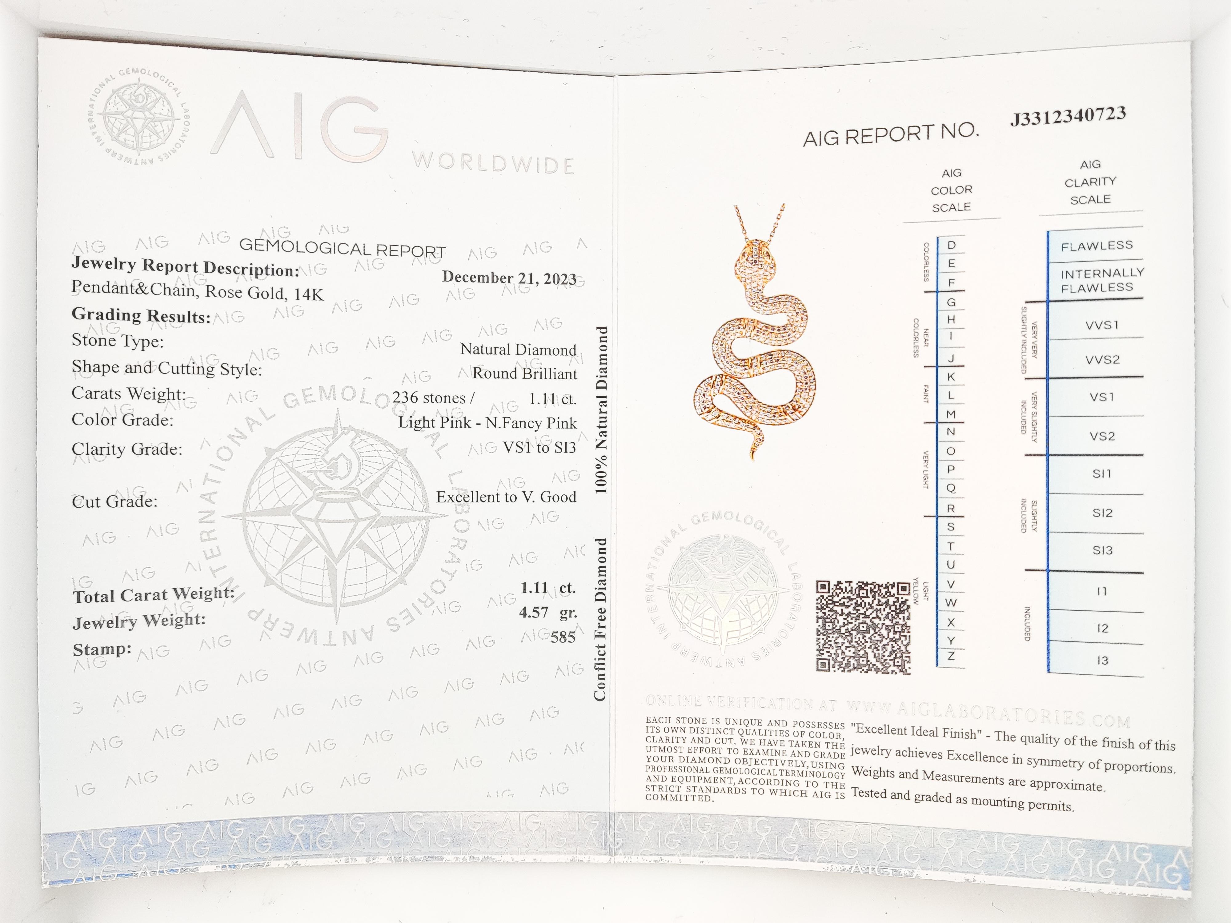 NO RESERVE - 1,11ct Runde Fancy Pink Diamond 14k Rose Gold Anhänger Halskette 1