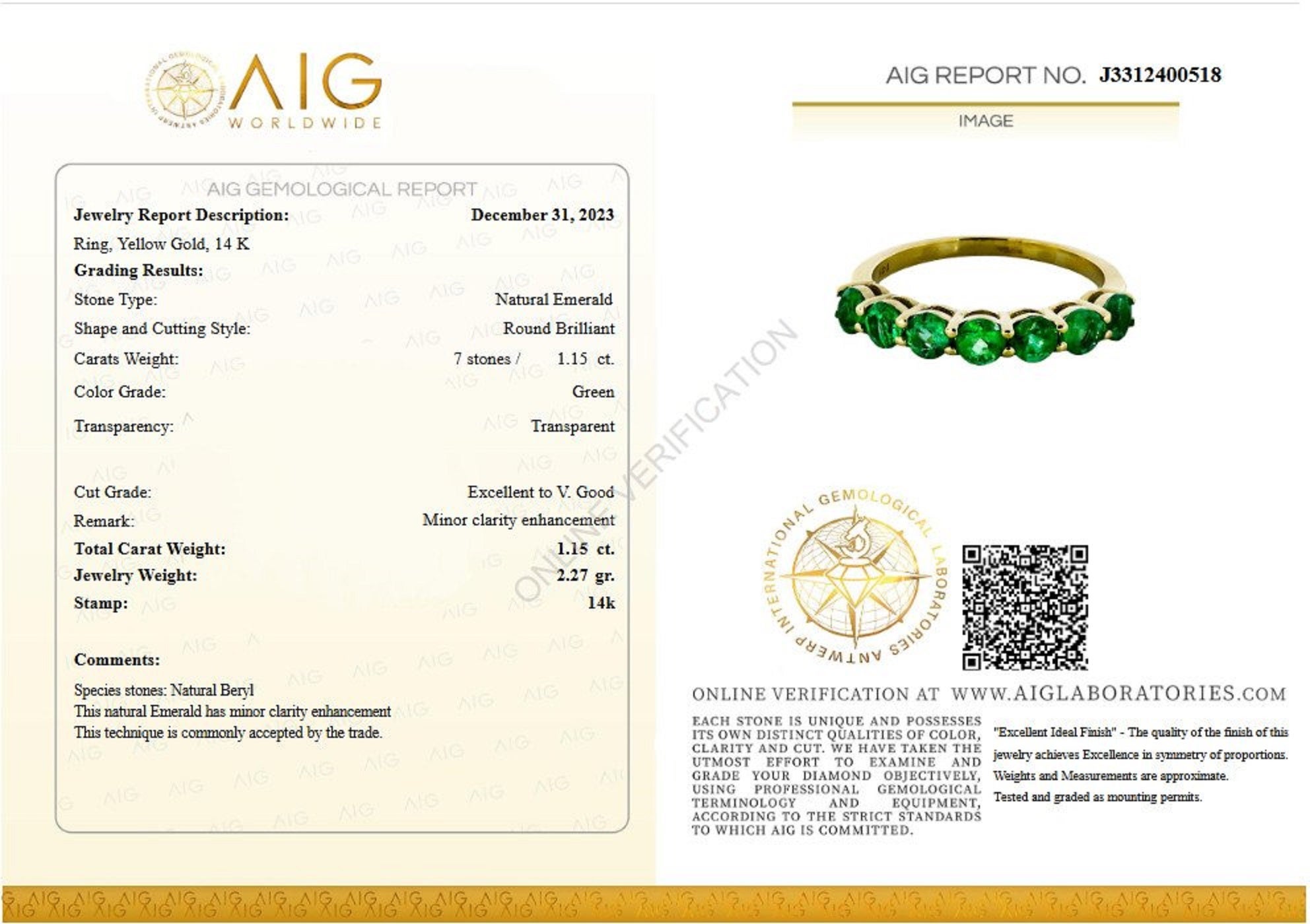 Ring Size: 52.5 EU \  6.25 US
Ring can be sized free of charge prior to shipping out.

Center Natural  Emeralds:
Weight: 1.15 Carat / 7 pieces
Color: Green
Shape: Round Brilliant
Minor Clarity Enhancement

Item ships from Israeli Diamonds Exchange,