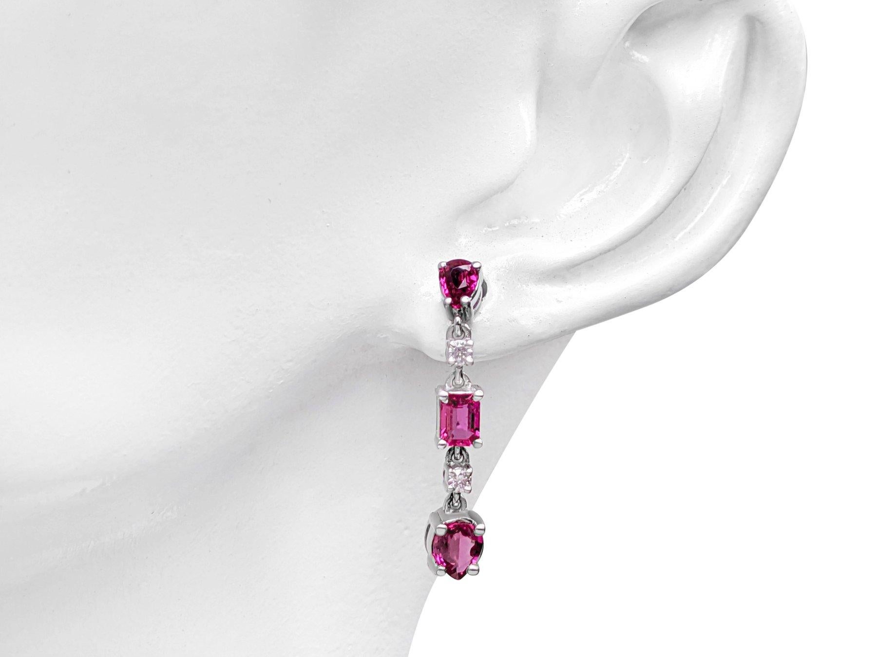 Mixed Cut NO RESERVE! 1.23cttw NO HEAT Ruby & 0.08Ct Diamonds 14K White Gold Earrings For Sale