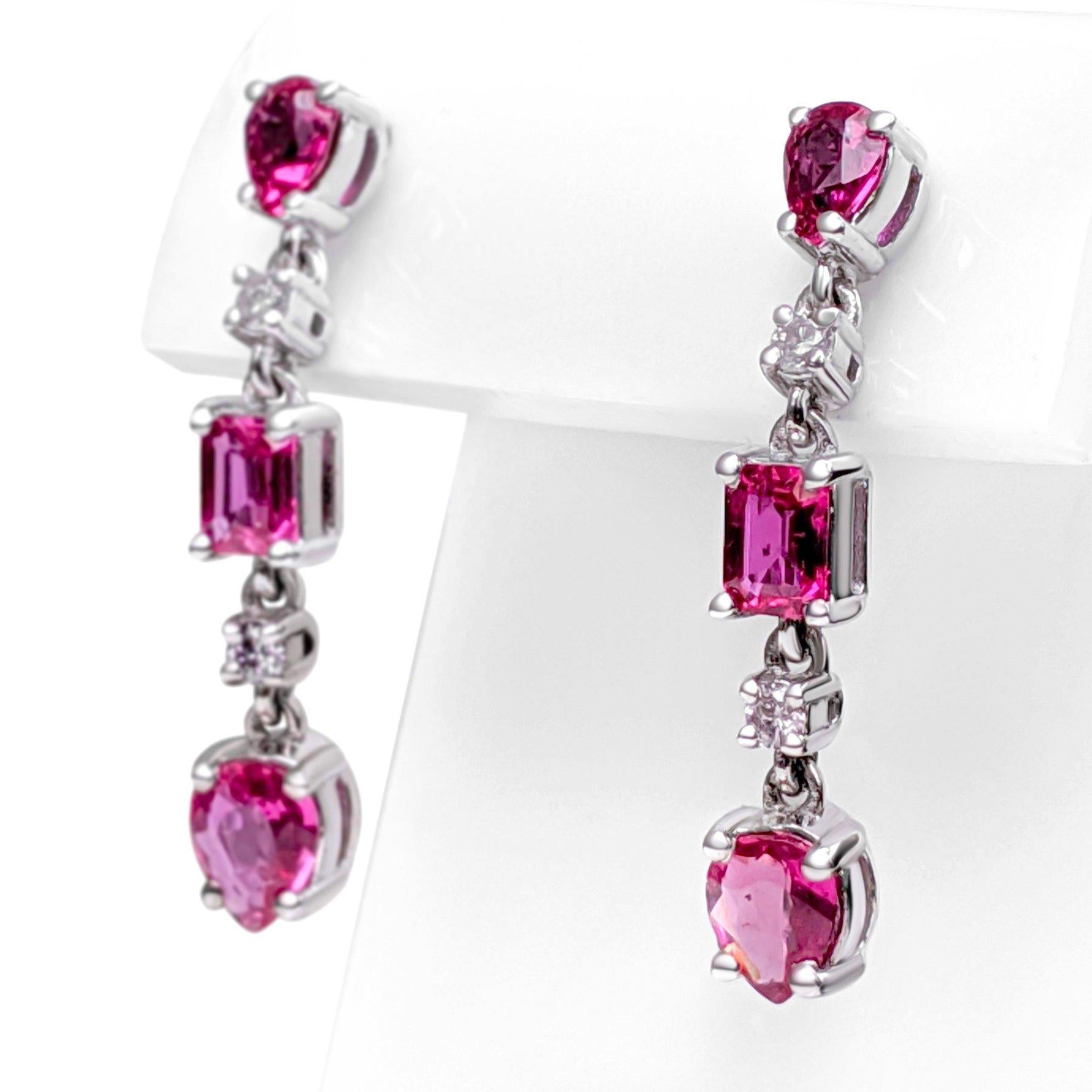 NO RESERVE! 1.23cttw NO HEAT Ruby & 0.08Ct Diamonds 14K White Gold Earrings In New Condition For Sale In Ramat Gan, IL