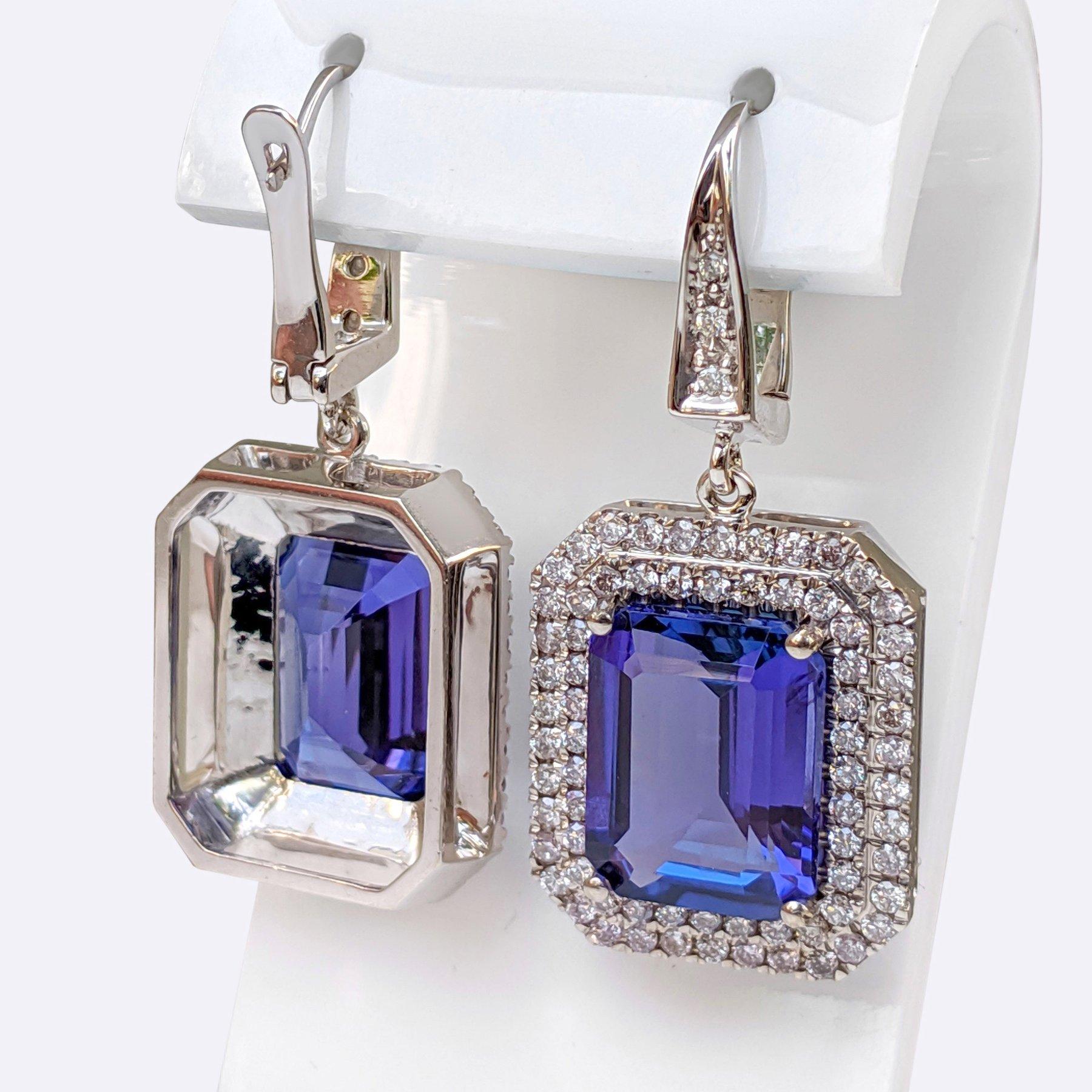 Emerald Cut NO RESERVE!  12.43cttw Tanzanite & 1.10Ct Diamonds - 14k White Gold Earrings