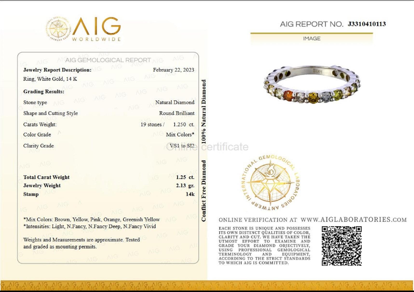 ** In Hong Kong and the USA the VAT is 0%.

Ring can be sized free of charge prior to shipping out.

Center Stone:
___________
Natural Diamond
Cut: Round Brilliant
Carat: 1.25 cttw / 19 stones
Color: Mix Colors
Clarity: VS1 to SI2

Item ships from