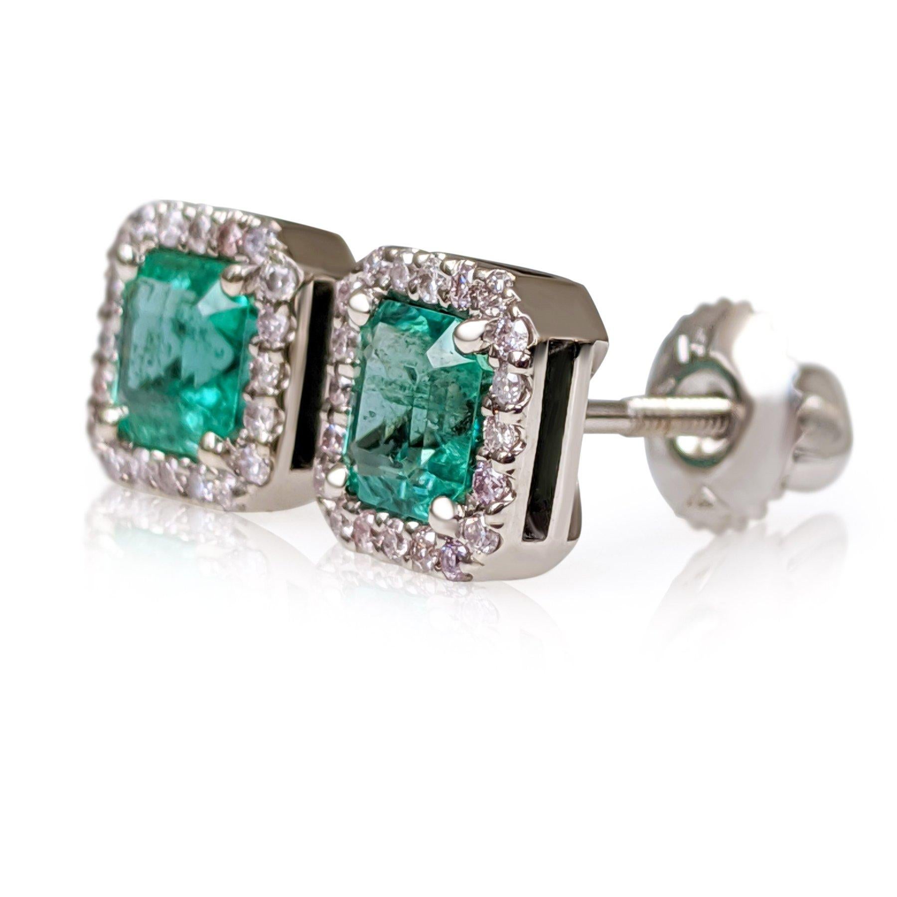 Center Stone:
___________
Natural Emeralds
Cut: Cut Cornered Square Step Cut
Carat: 1.26 tcw / 2 pieces
Color: Green
CE(Oil): Minor

Side Stone:
___________
Natural Diamonds
Cut: Round Brilliant
Weight: 0.20 ctttw
Color: Pink
Clarity: SI2-I1

Size: