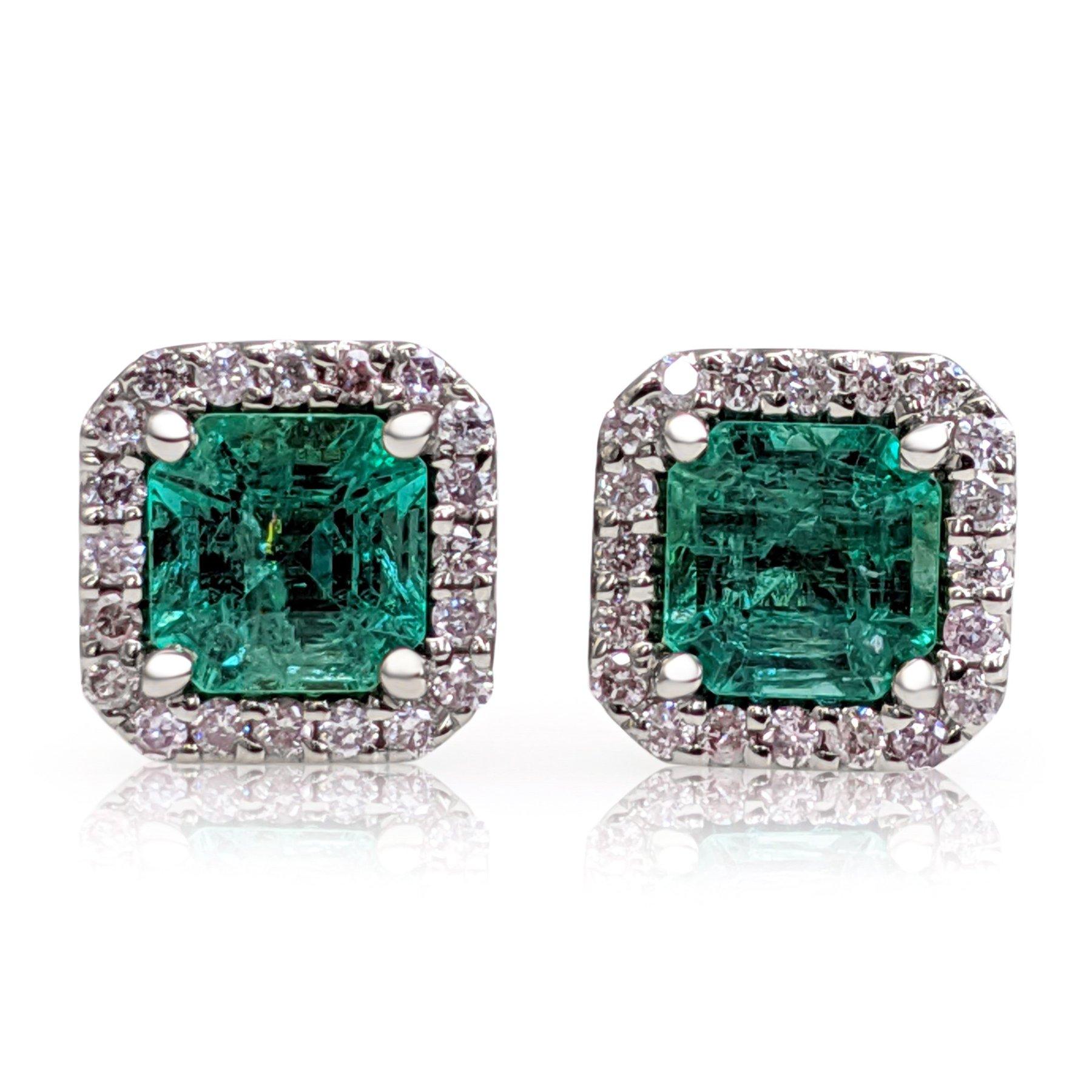 Art Deco NO RESERVE! 1.26Ct Emerald & 0.20Ct Diamonds - 14 kt. White gold - Earrings