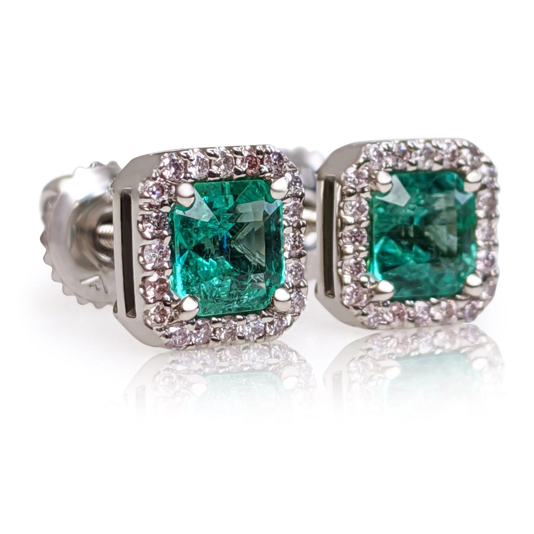 Square Cut NO RESERVE! 1.26Ct Emerald & 0.20Ct Diamonds - 14 kt. White gold - Earrings