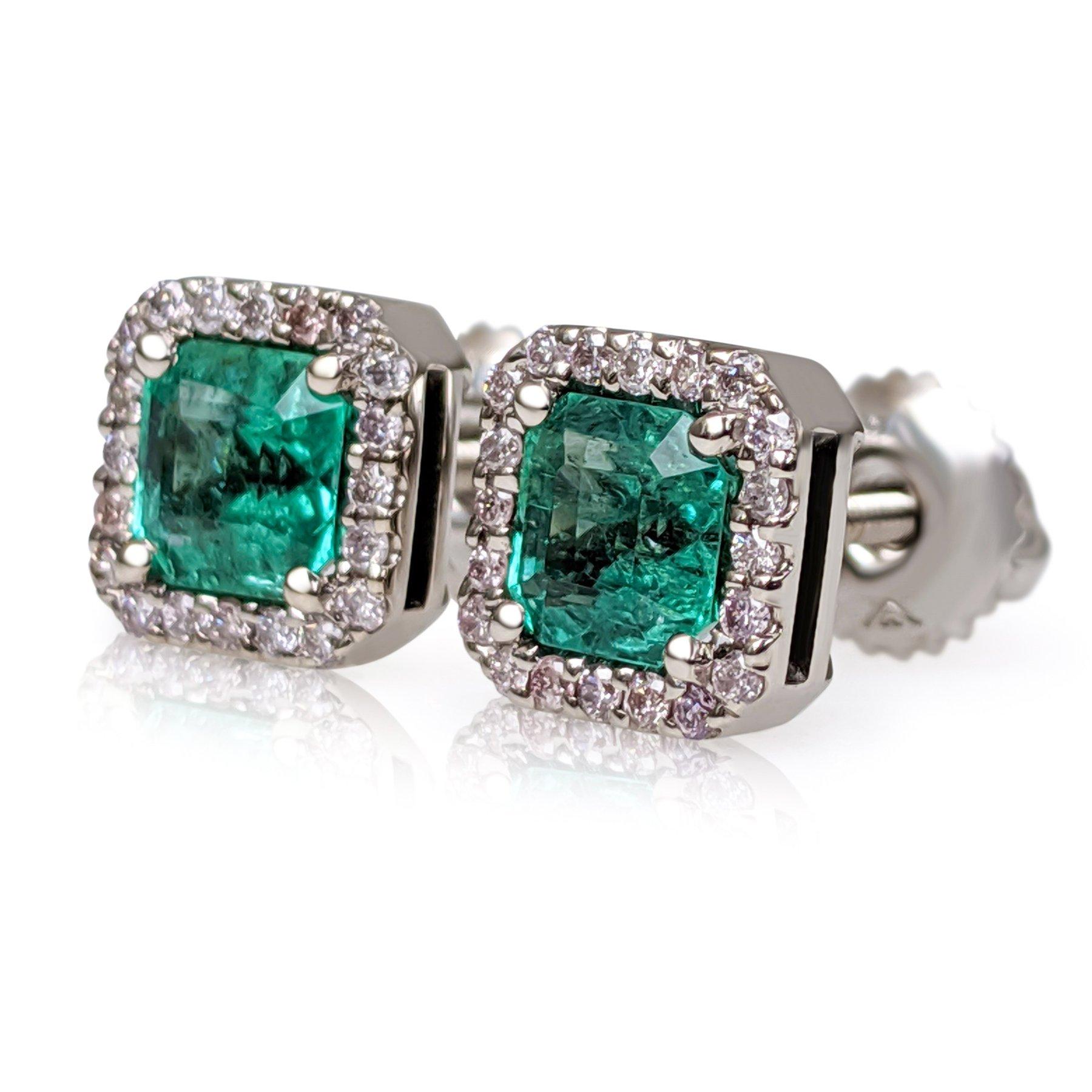 NO RESERVE! 1.26Ct Emerald & 0.20Ct Diamonds - 14 kt. White gold - Earrings 1