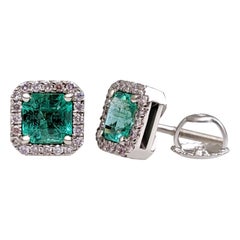 NO RESERVE! 1.26Ct Emerald 
0.20Ct Diamonds - 14 kt. White gold - Earrings