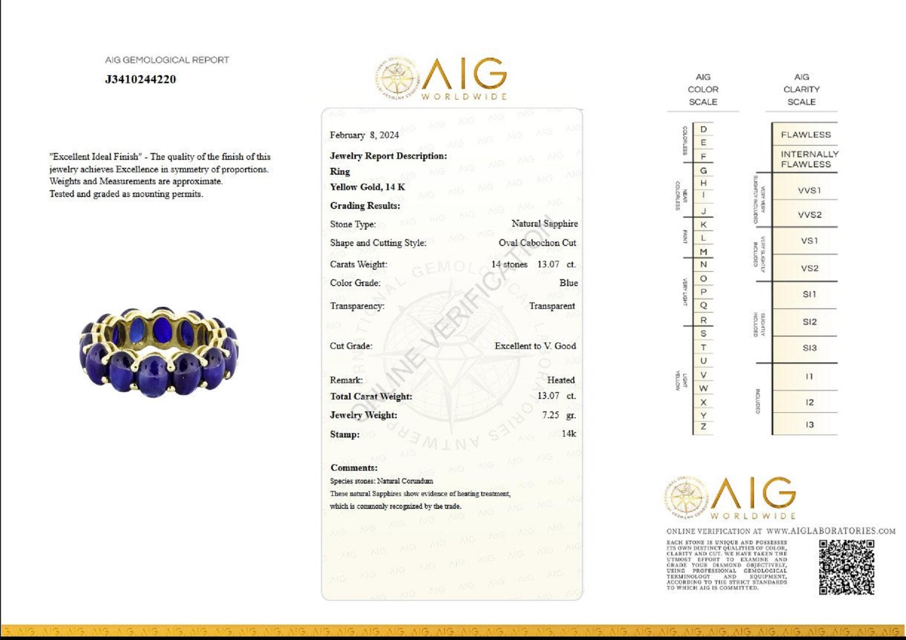 NO RESERVE! 13.07 Carat Sapphire Eternity Band - 14 kt. Yellow Gold - Ring In New Condition In Ramat Gan, IL