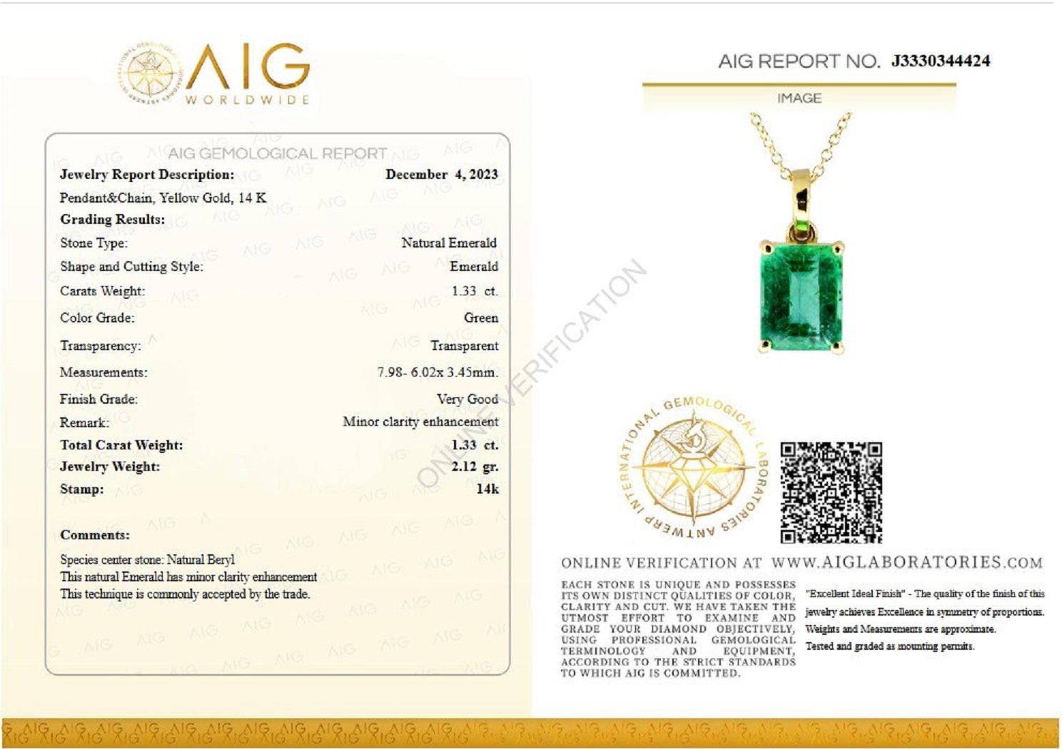 Don't miss your chance to own this unique and exquisite pendant necklace of top quality Emerald.

Center Emerald Stone:
Weight: 1.23 ct
Color: Green
Shape: Pear Mixed Cut
CE(Oil): Moderate

Side Stones:
0.15 cttw, G-K, SI1-SI3 Natural