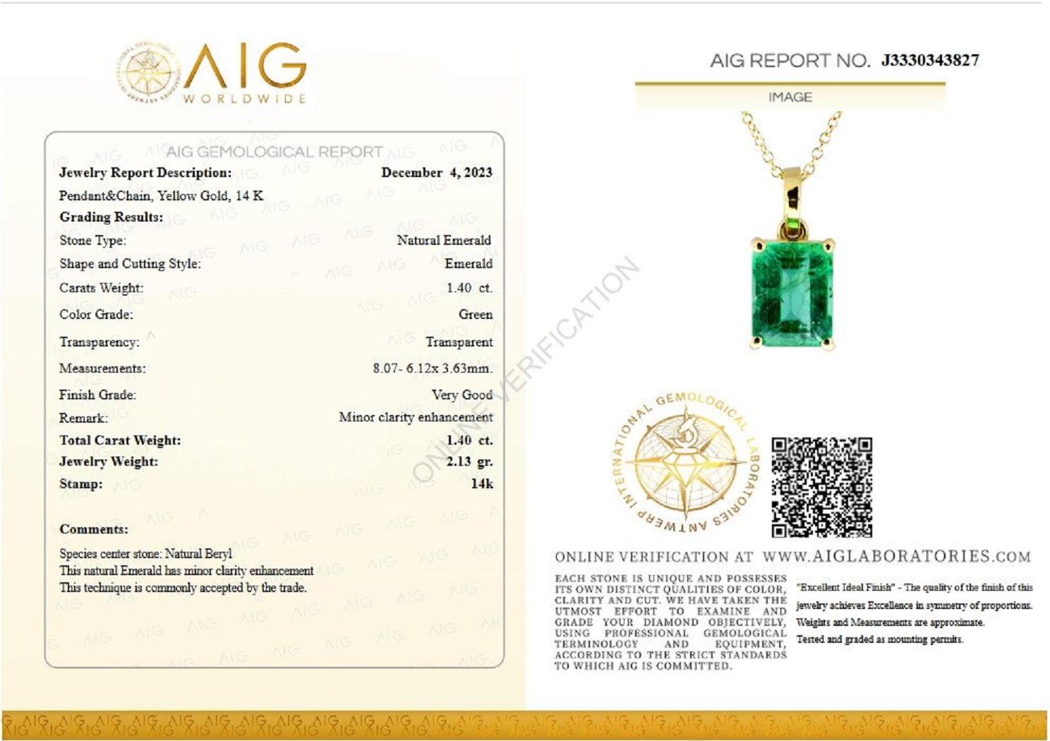 Don't miss your chance to own this unique and exquisite pendant necklace of top quality Emerald.

Center Emerald Stone:
Weight: 1.40 ct
Color: Green
Shape: Emerald
Minor clarity enhancement


Necklace length: 45 cm

Item ships from Israeli Diamonds