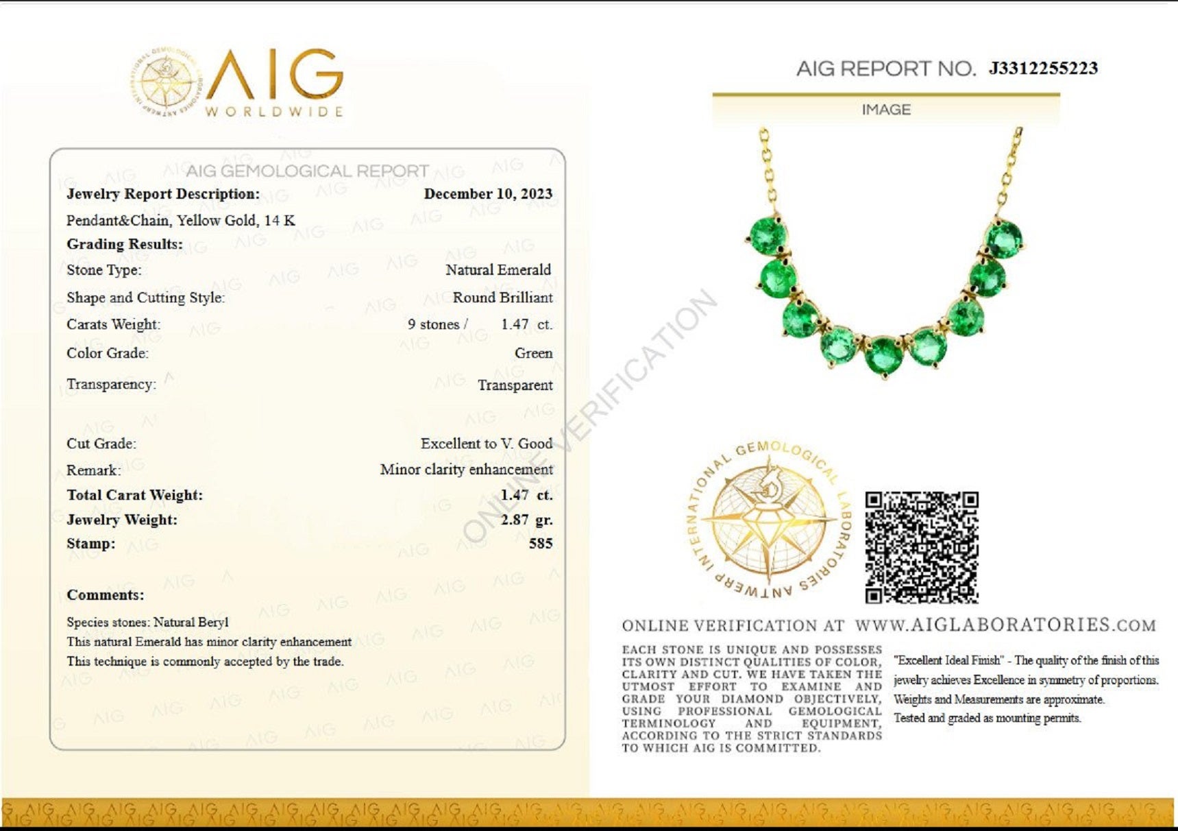 Center Emerald Stone:
Weight: 1.47 ct / 9 pieces
Color: Green
Shape: Round Brilliant

Item ships from Israeli Diamonds Exchange, customers are responsible for any local customs or VAT fees that might apply to the purchase. 

**Import duties and