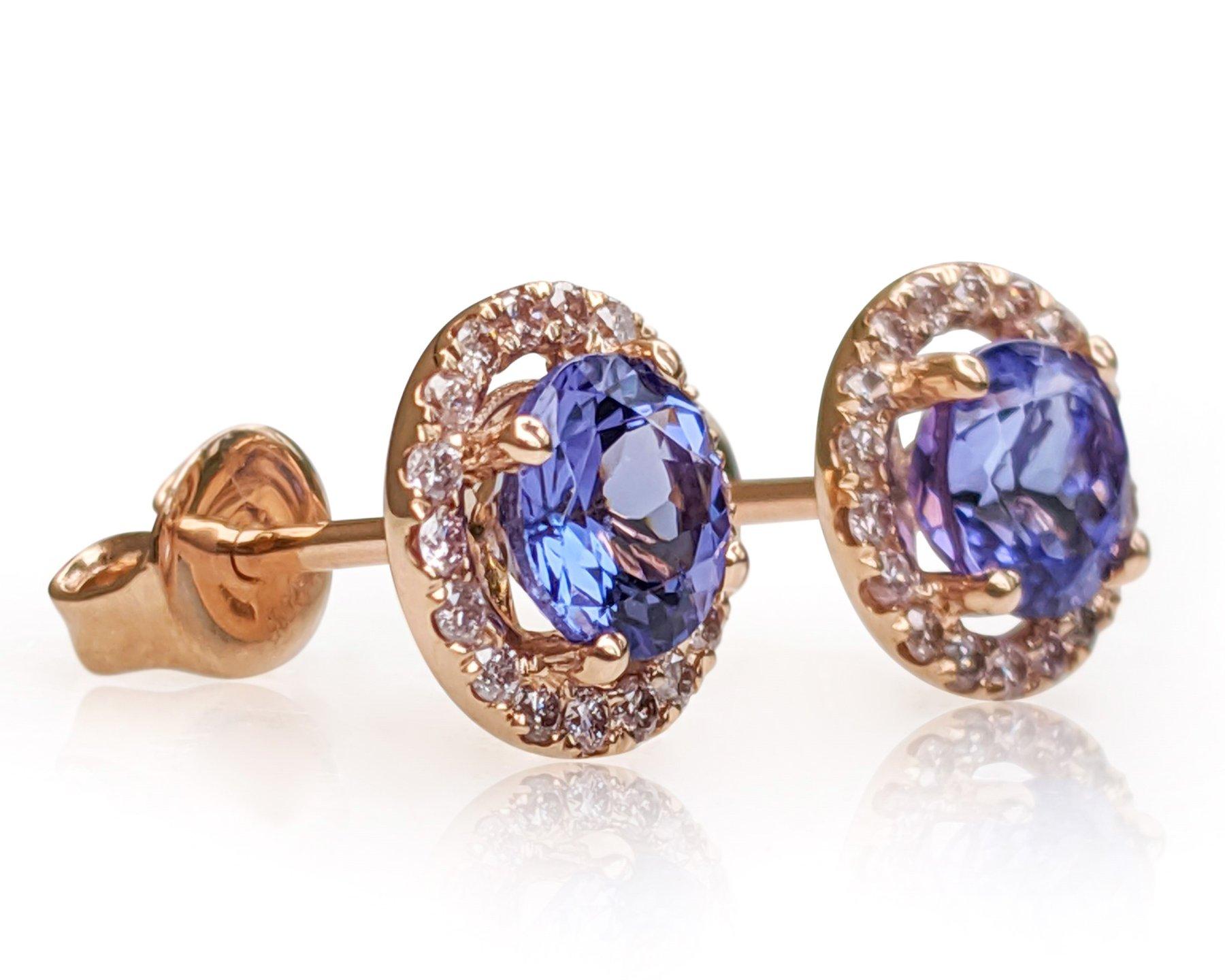 Art Deco NO RESERVE! 1.47Ct Tanzanite & 0.25Ct Pink Diamonds 14 kt. Rose gold Earrings
