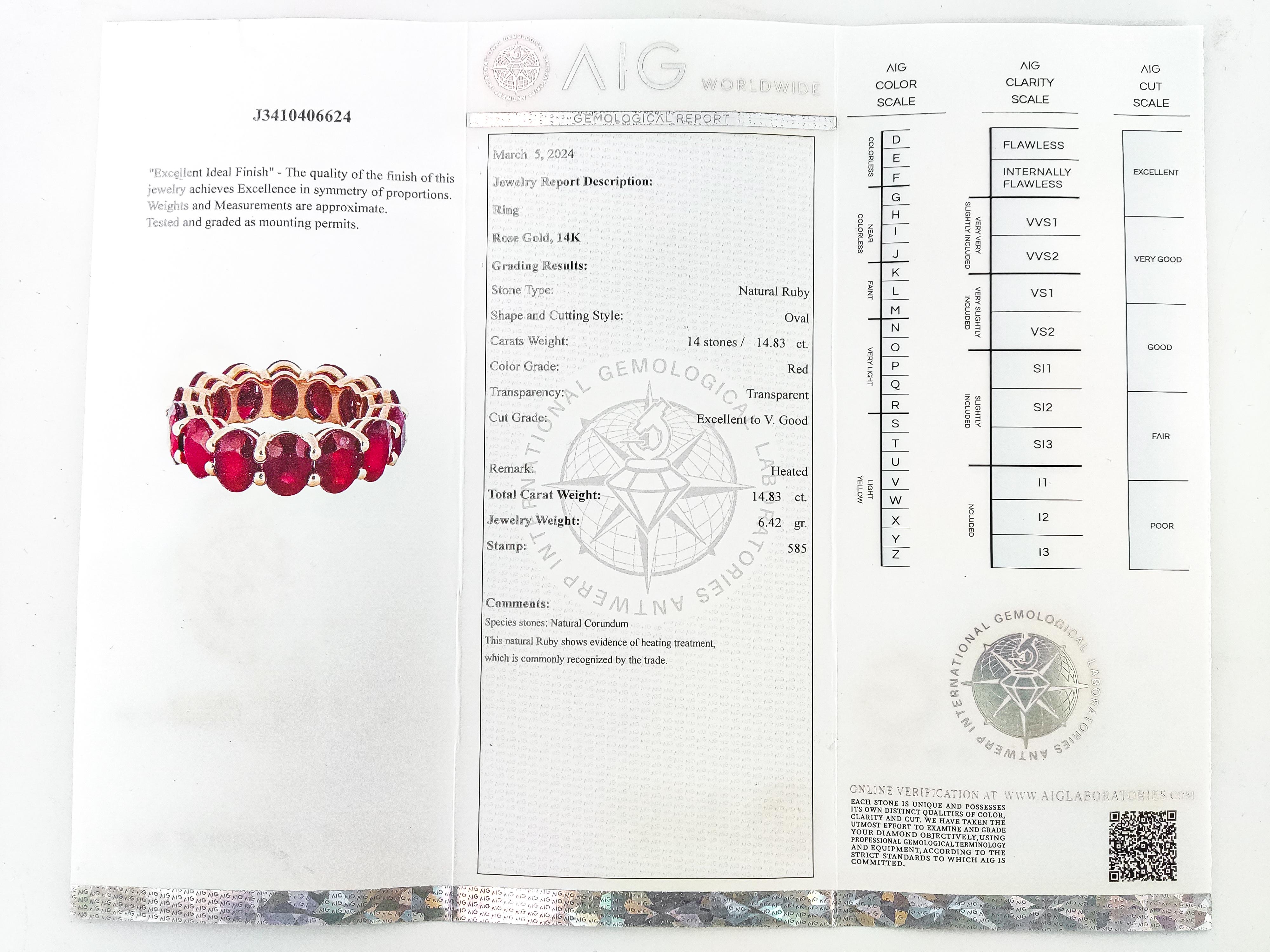 Anillo Eternidad Rubí Natural 14,83 Quilates Oro Rosa 14k en venta 2