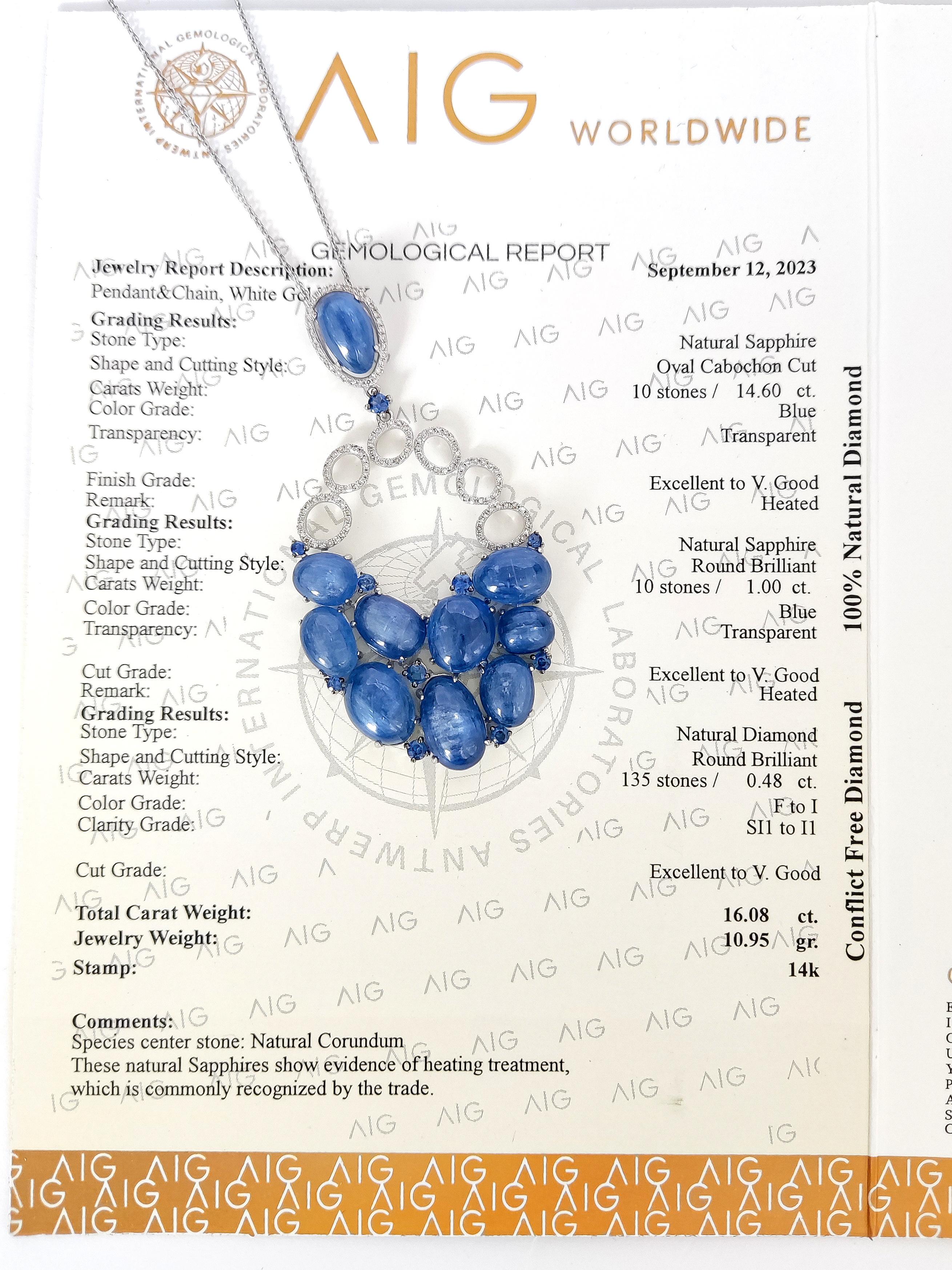 NO RESERVE - 15.60ct Sapphire & 0.48ct Round Diamond 14K White Gold Pendant 2