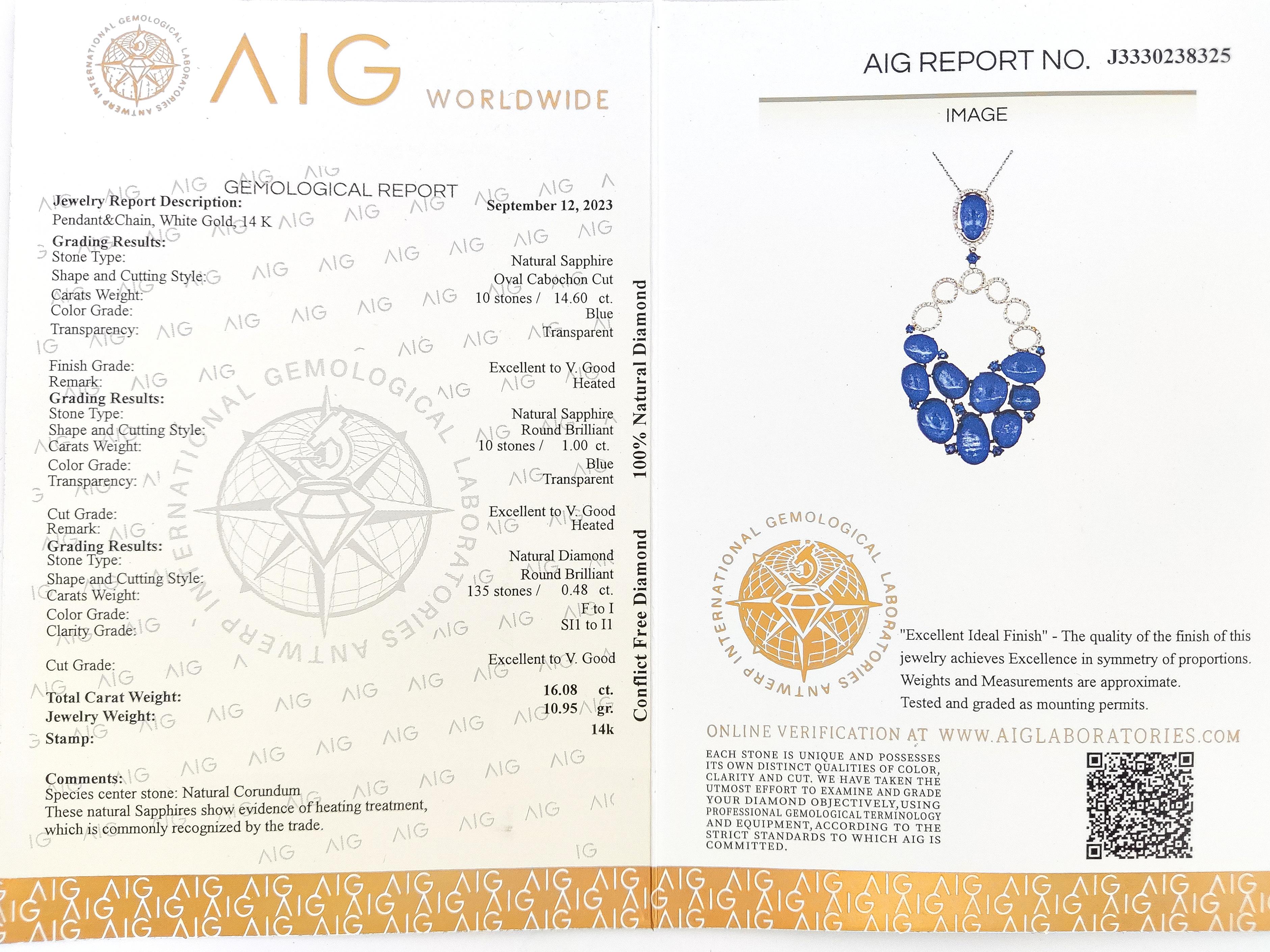 NO RESERVE - 15.60ct Sapphire & 0.48ct Round Diamond 14K White Gold Pendant 3