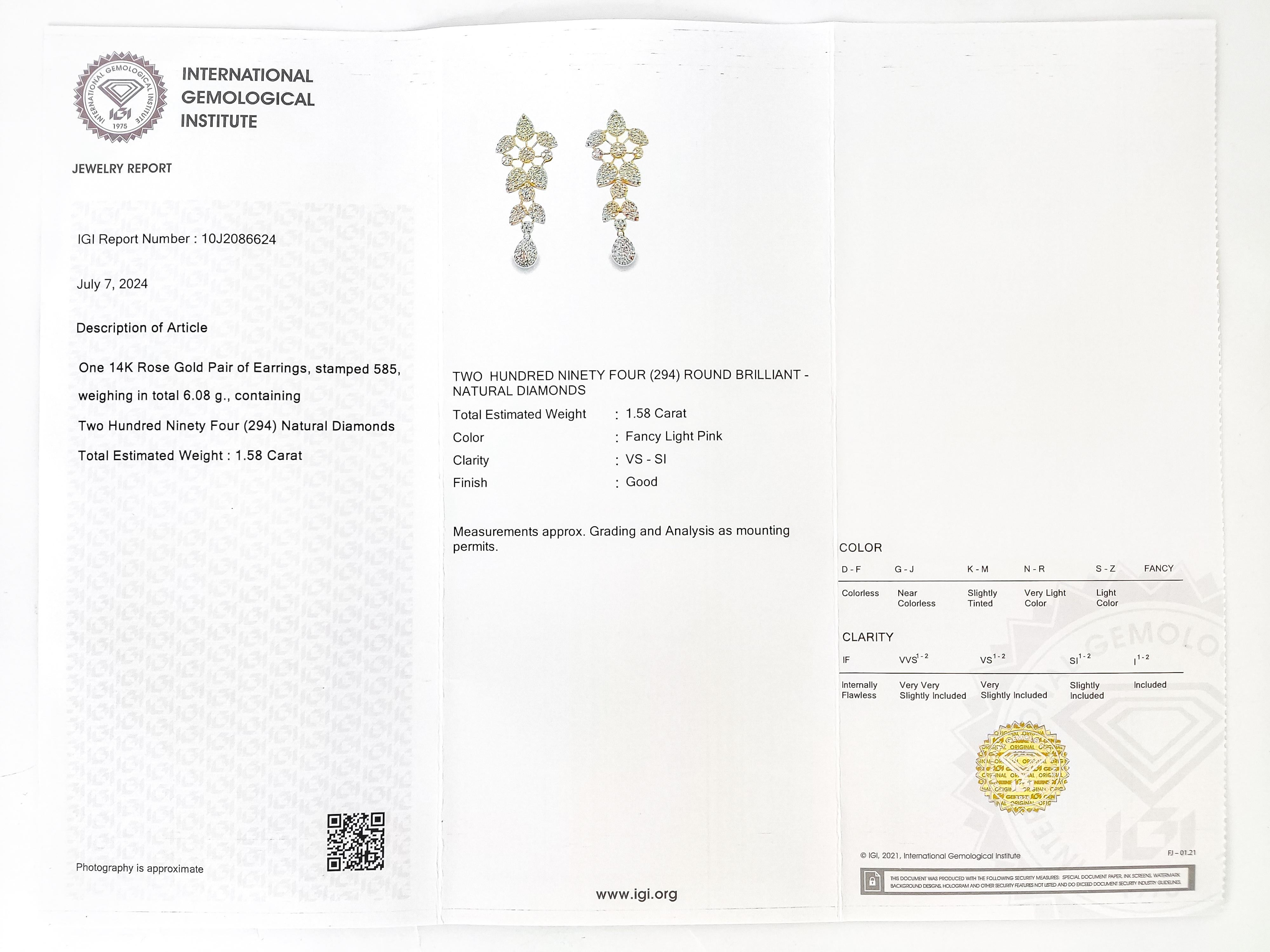 IGI-zertifiziert - 1,58 Karat runde Fancy Pink Diamond Ohrringe 14k Rose Gold im Angebot 1