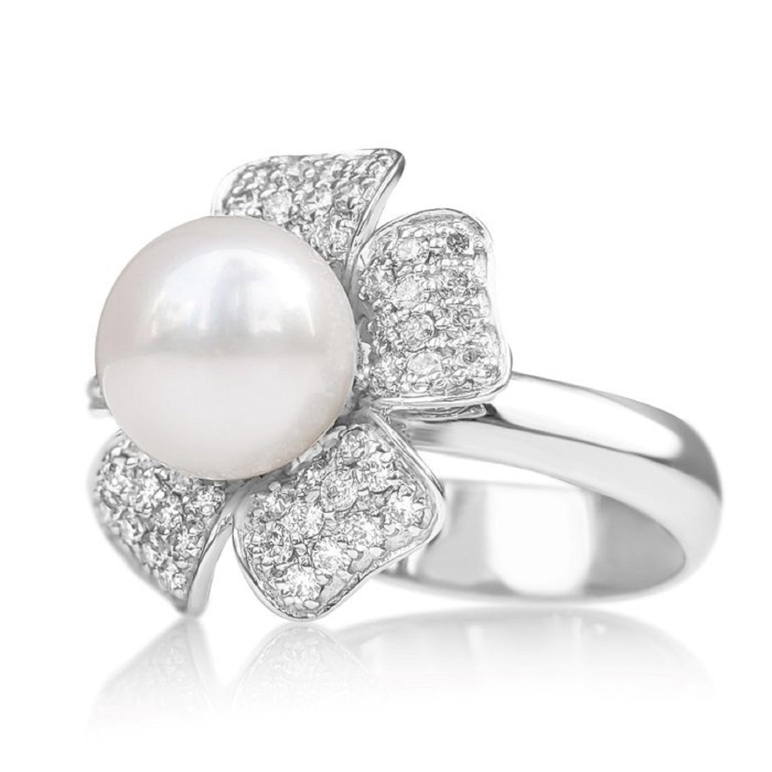Art Deco No Reserve! - 18k White Gold 9mm Freshwater Pearl, 0.40cttw Diamonds Ring For Sale