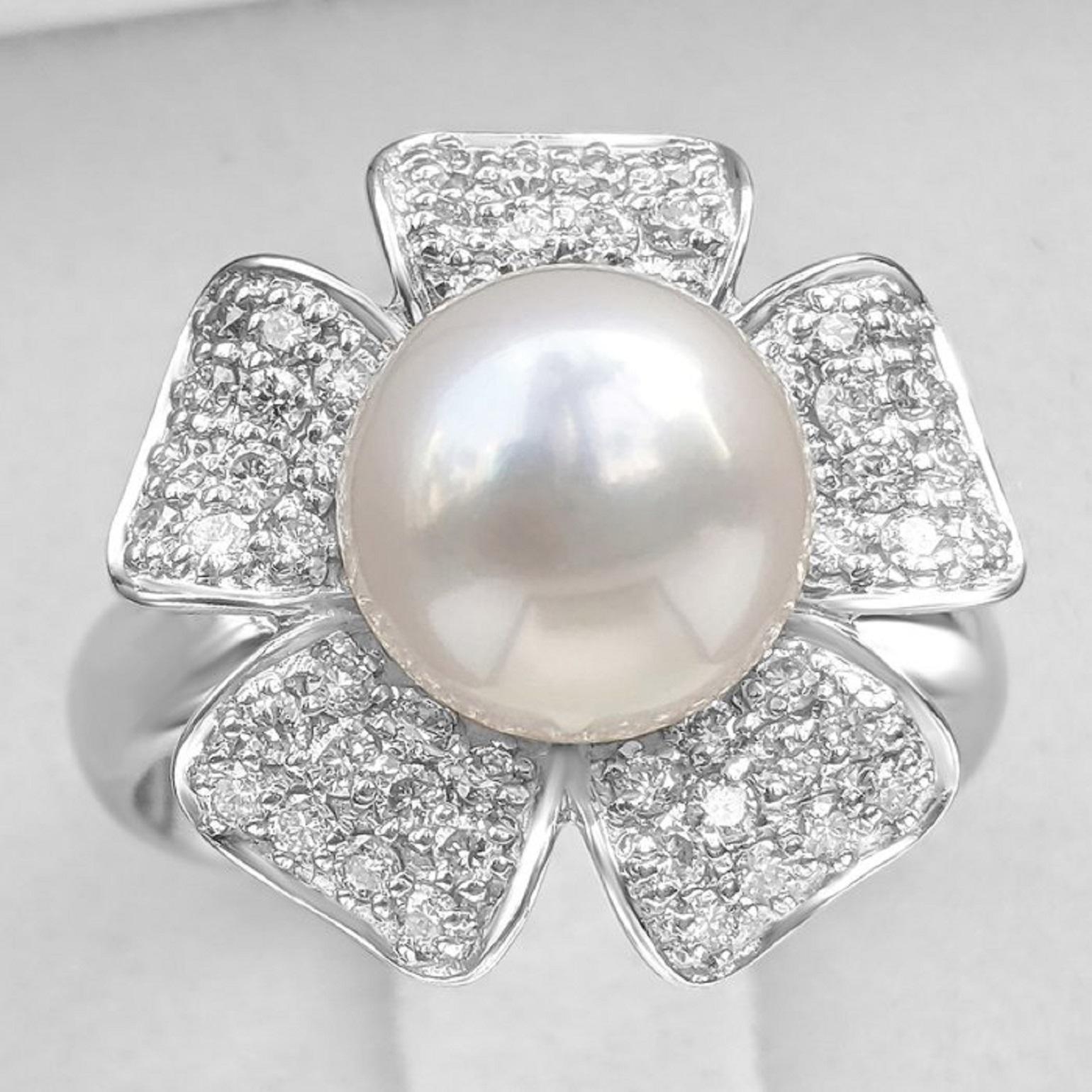 Women's No Reserve! - 18k White Gold 9mm Freshwater Pearl, 0.40cttw Diamonds Ring For Sale