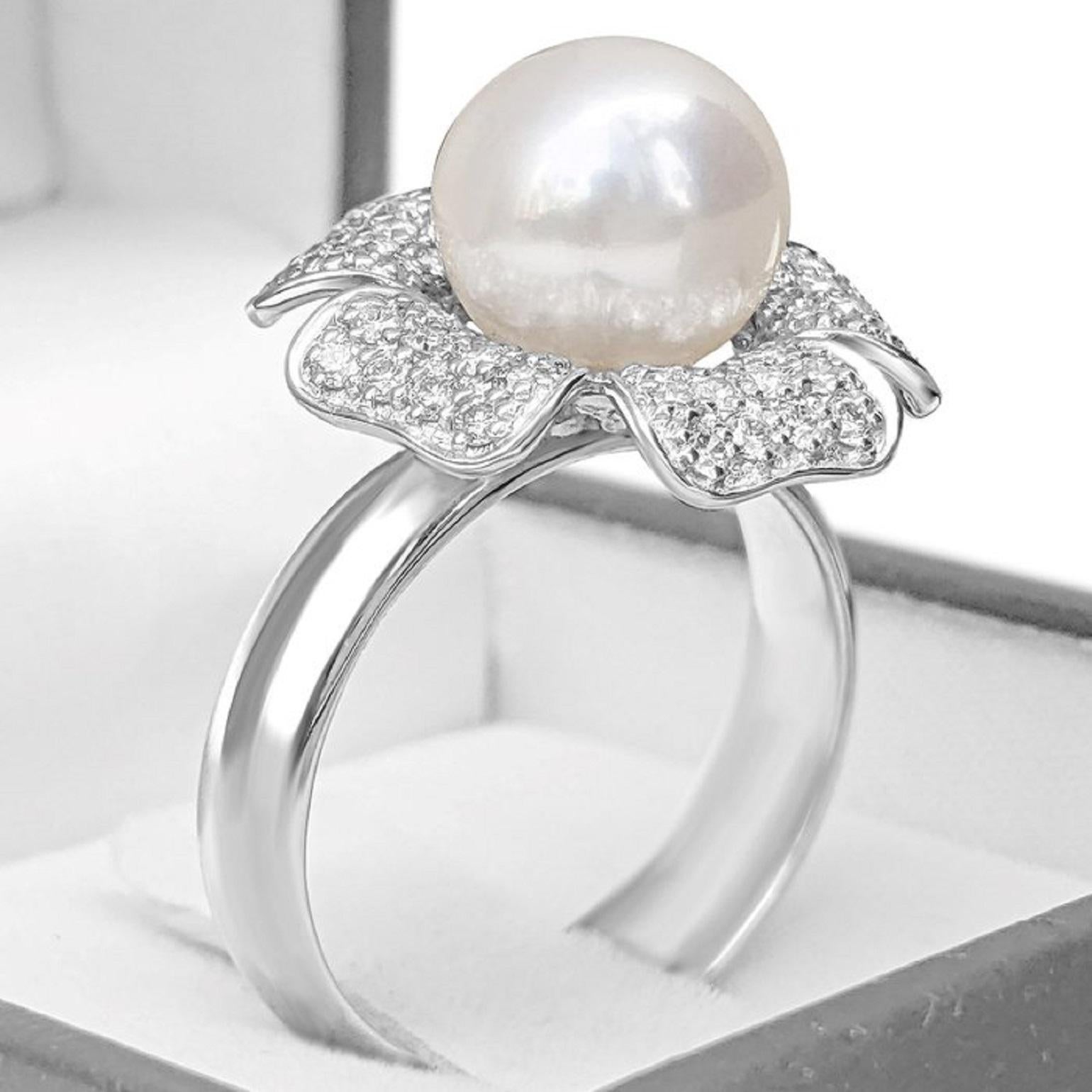 No Reserve! - 18k Weißgold 9mm Süßwasserperlenring mit 0,40cttw Diamanten 1