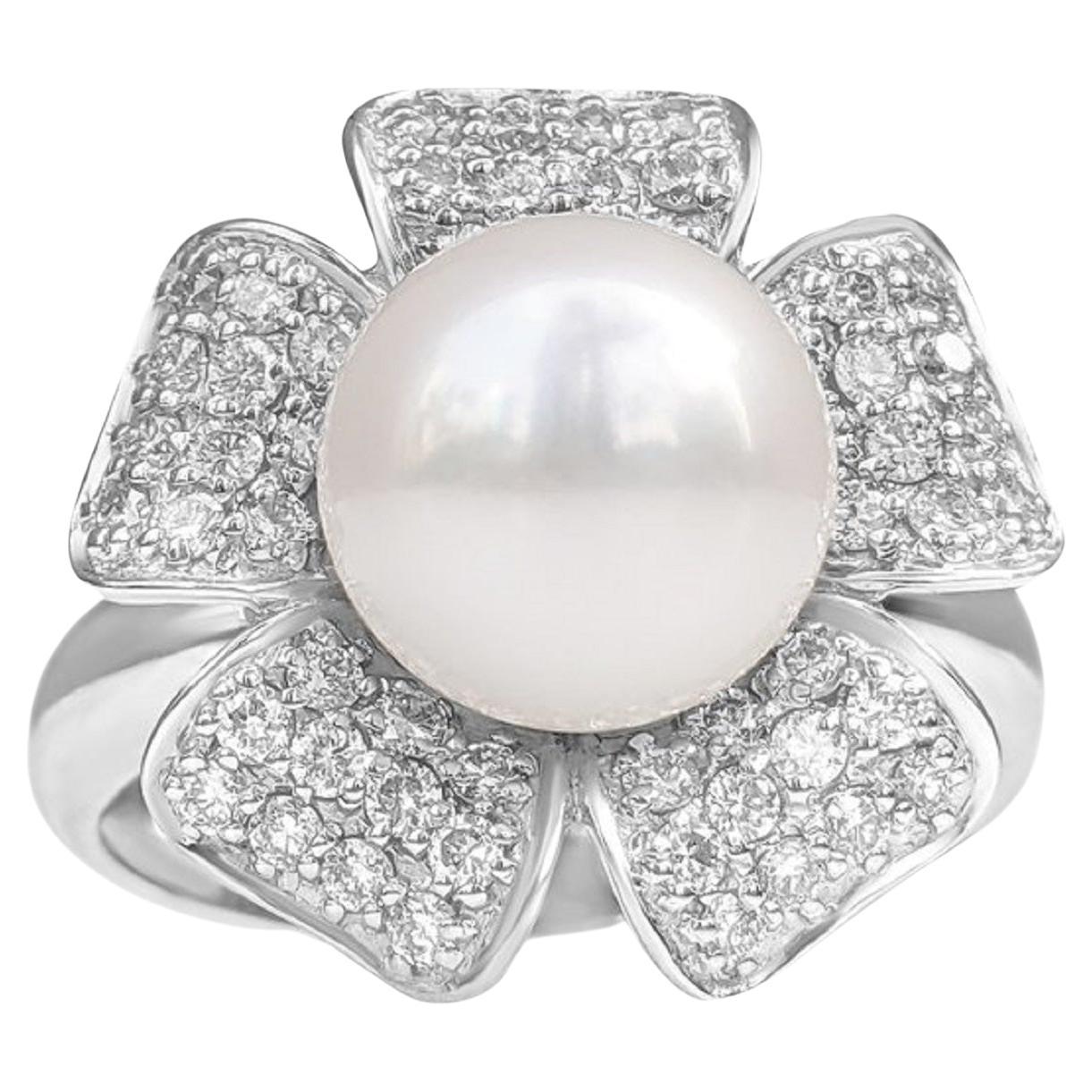 No Reserve! - 18k White Gold 9mm Freshwater Pearl, 0.40cttw Diamonds Ring