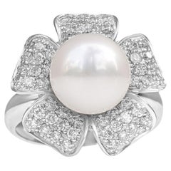 No Reserve - 18k White Gold 9mm Freshwater Pearl, 0.40cttw Diamonds Ring