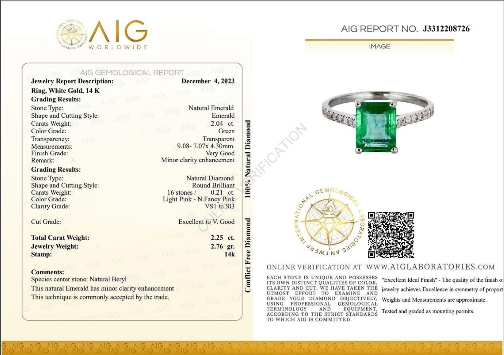Ring can be resized free of charge prior to shipping out.
Ring Size: 56 EU

Center Natural Emerald:
Weight: 2.05 ct
Colour: Green
Shape: Emerald
Minor clarity enhancement


Side Stone Diamonds:
Weight: 0.21 ct / 16 stones
Color: Light Pink - N.Fancy