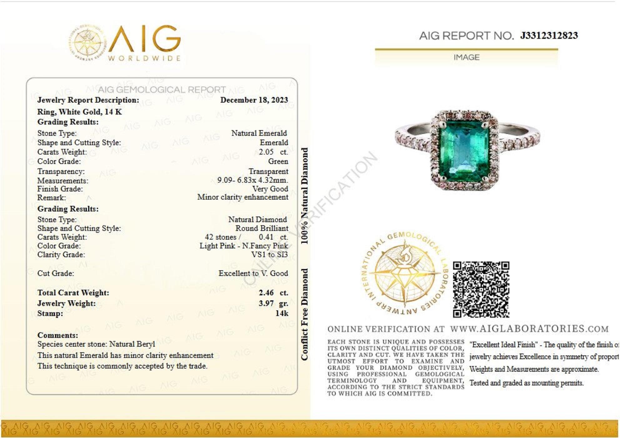Art Deco NO RESERVE! 2.05 Carat Emerald and 0.41Ct Diamonds - 14 kt. White gold - Ring For Sale