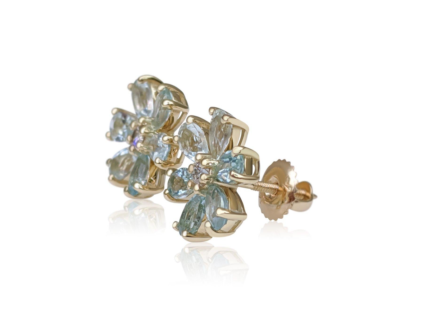 NO RESERVE! 2.17Ct Aquamarine and 0.14 Ct Diamonds 14 kt. Yellow gold - Earrings In New Condition For Sale In Ramat Gan, IL