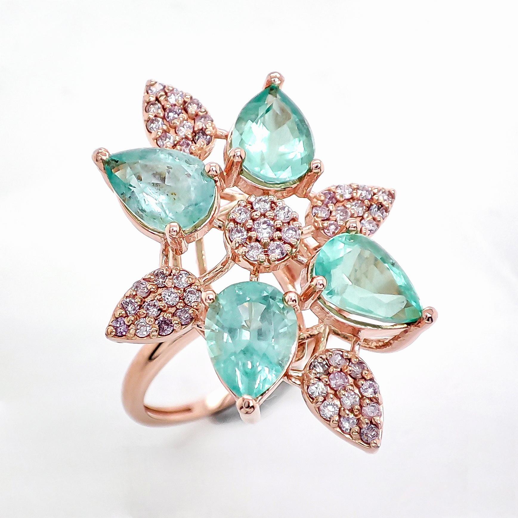Pear Cut 2.56ctw Pink Diamond & Emerlad Ring 14k Rose Gold