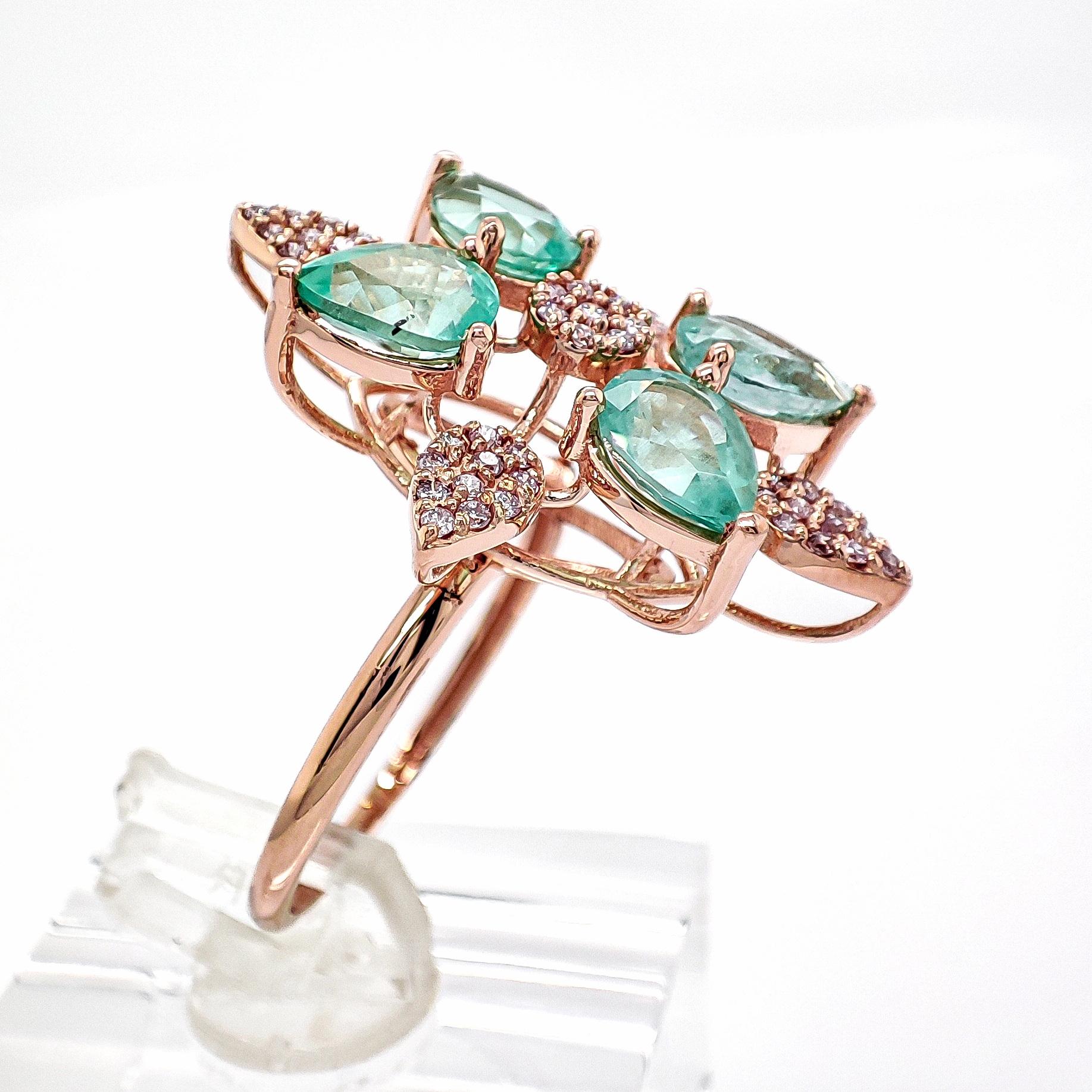 2.56ctw Pink Diamond & Emerlad Ring 14k Rose Gold In New Condition In Ramat Gan, IL