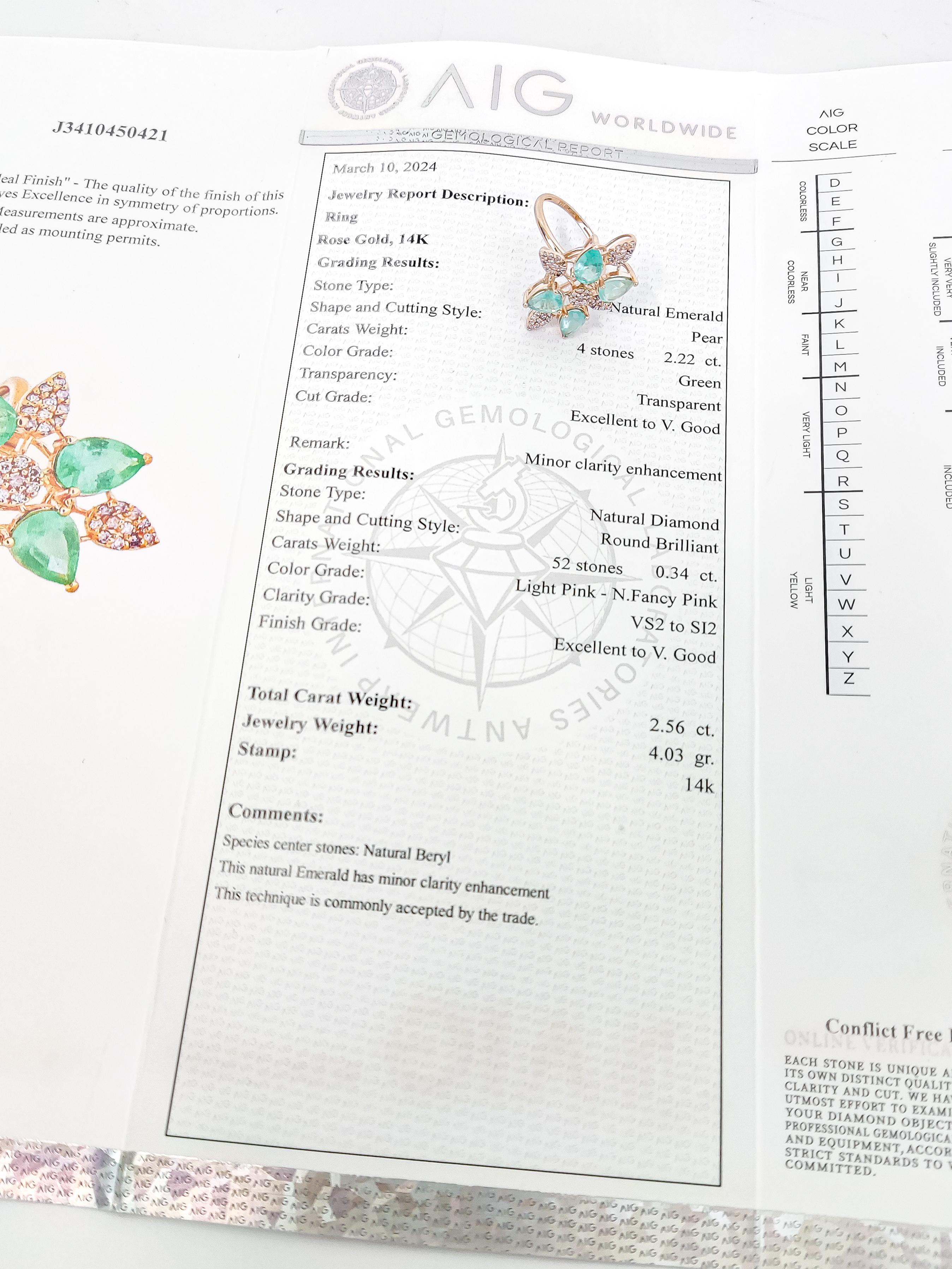 2.56ctw Pink Diamond & Emerlad Ring 14k Rose Gold 2