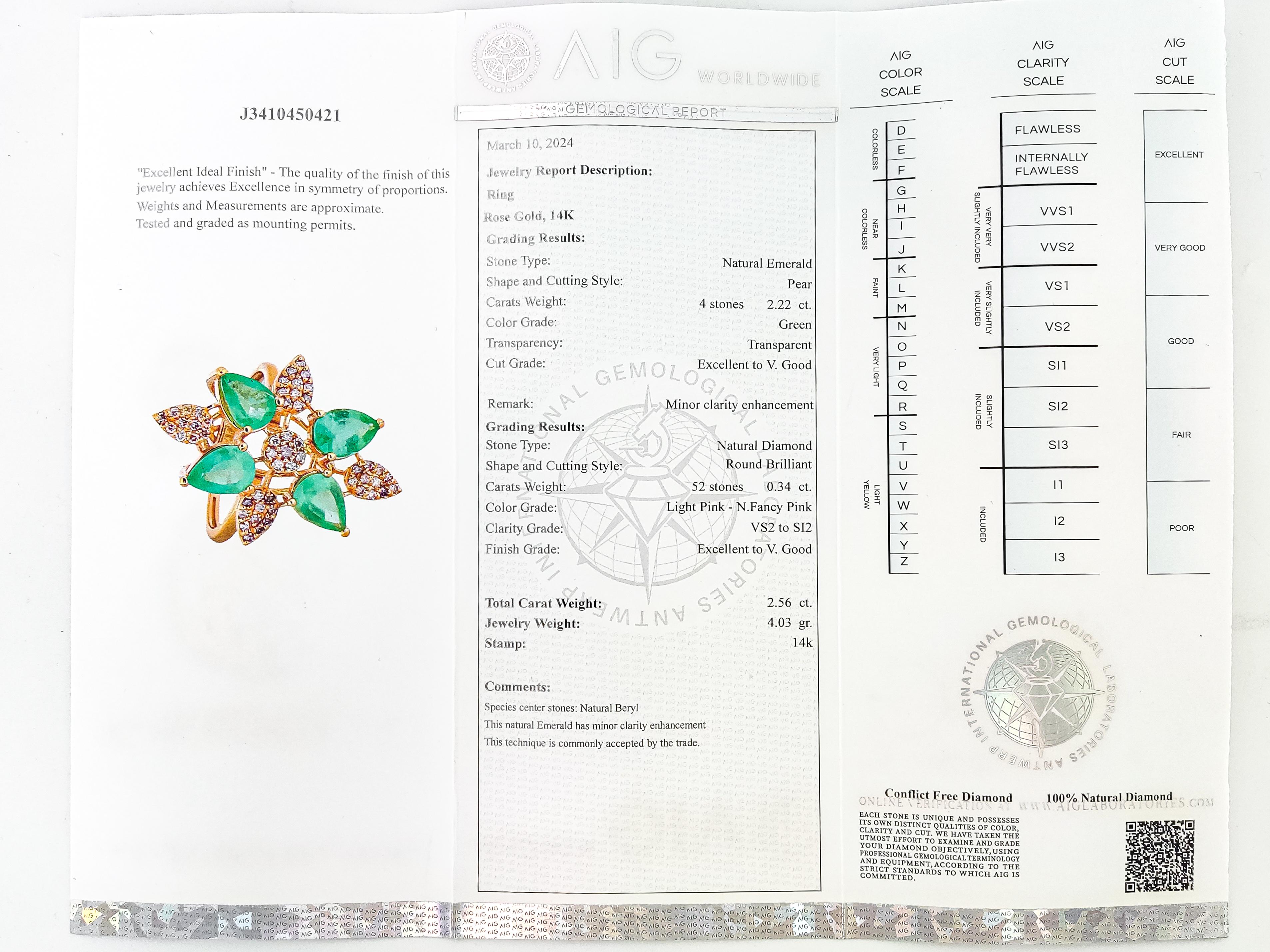 2.56ctw Pink Diamond & Emerlad Ring 14k Rose Gold 3