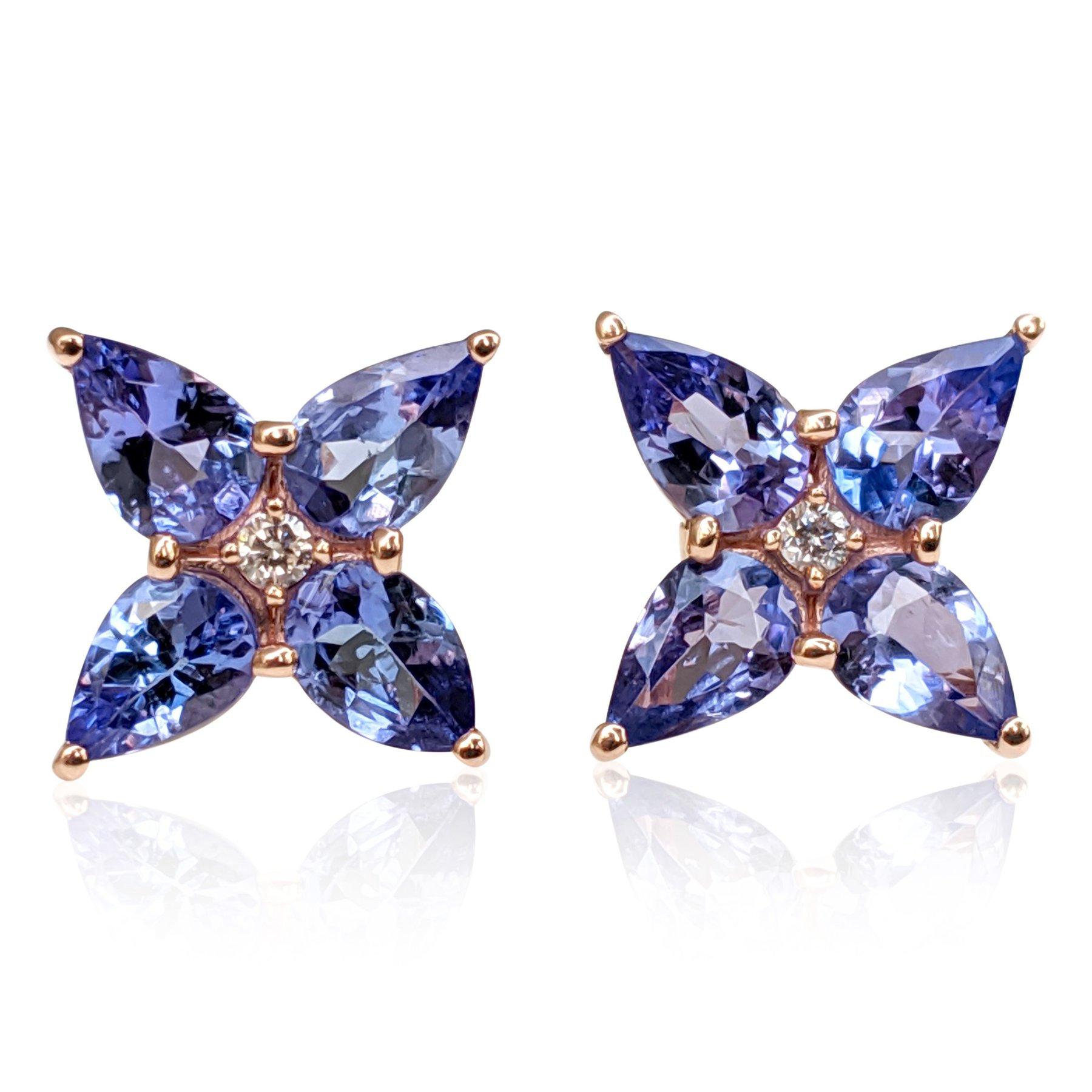 Art Deco NO RESERVE! 2.78Ct Tanzanite and 0.02Ct Diamonds - 14 kt. Pink gold - Earrings For Sale