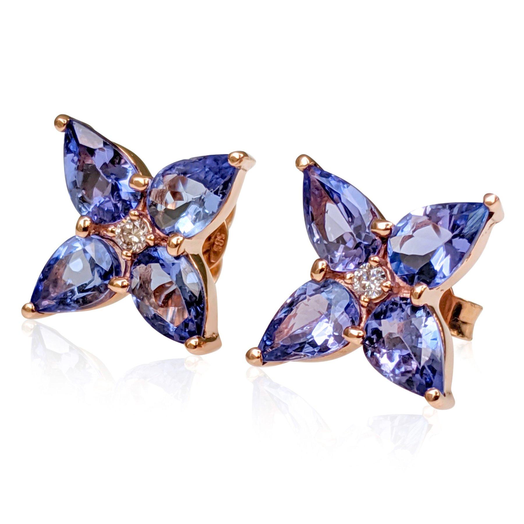 Pear Cut NO RESERVE! 2.78Ct Tanzanite and 0.02Ct Diamonds - 14 kt. Pink gold - Earrings For Sale