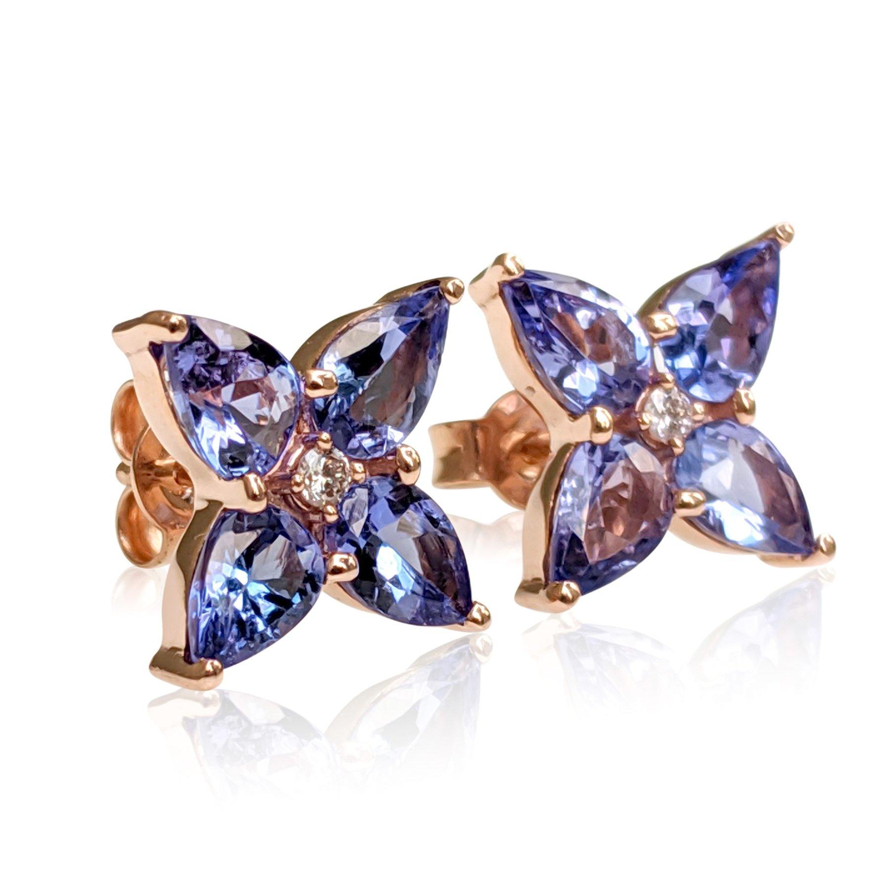 NO RESERVE! 2.78Ct Tanzanite and 0.02Ct Diamonds - 14 kt. Pink gold - Earrings In New Condition For Sale In Ramat Gan, IL