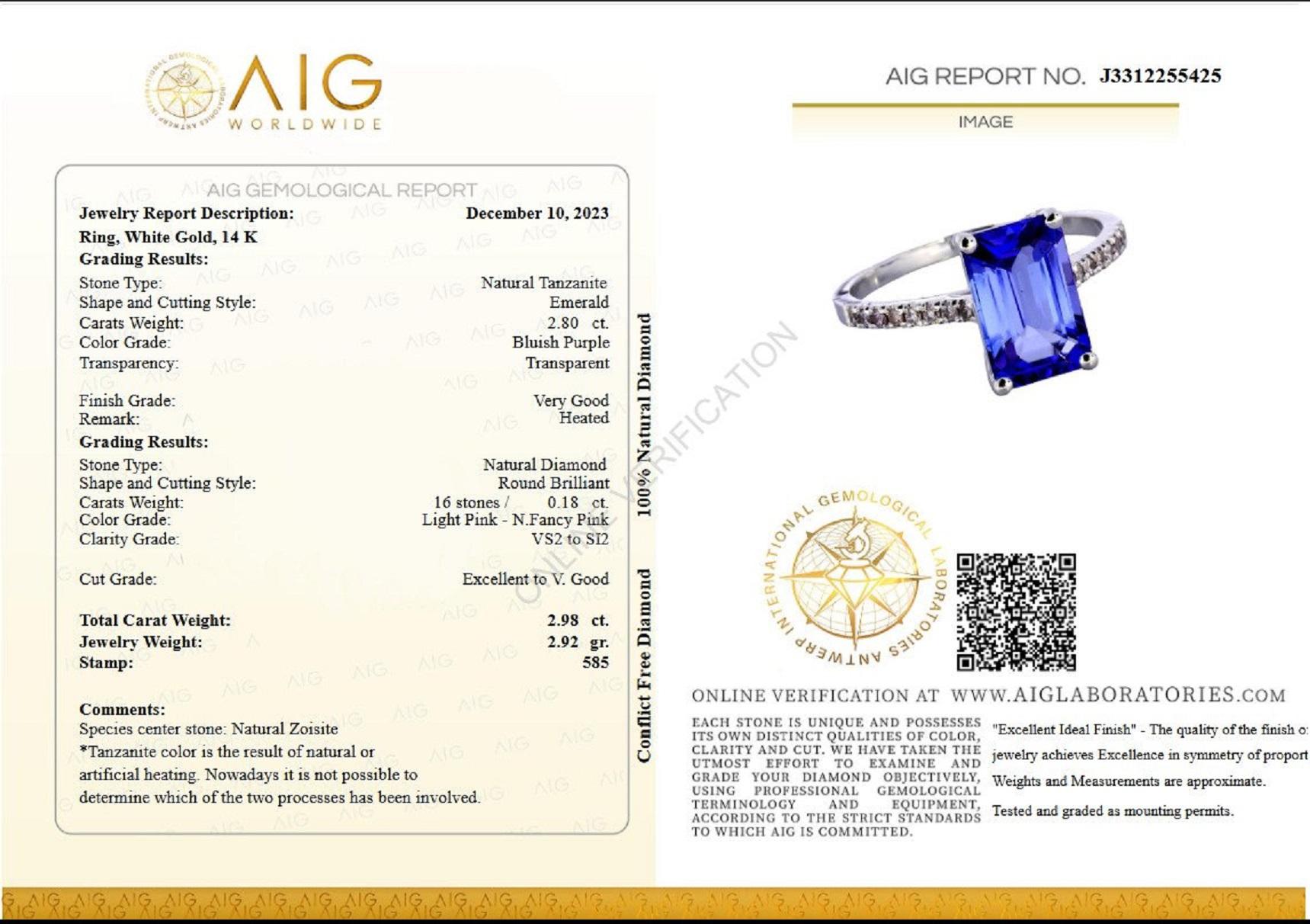 Ring Size: 56 EU \  7.5 US
Ring can be sized free of charge prior to shipping out.    

Center Natural Tanzanite:
Weight: 2.80 carat
Color: Purplish Blue
Shape: Emerald
Heated

Side Stone:
___________
Natural Diamonds
Cut: Round Brilliant
Carat: