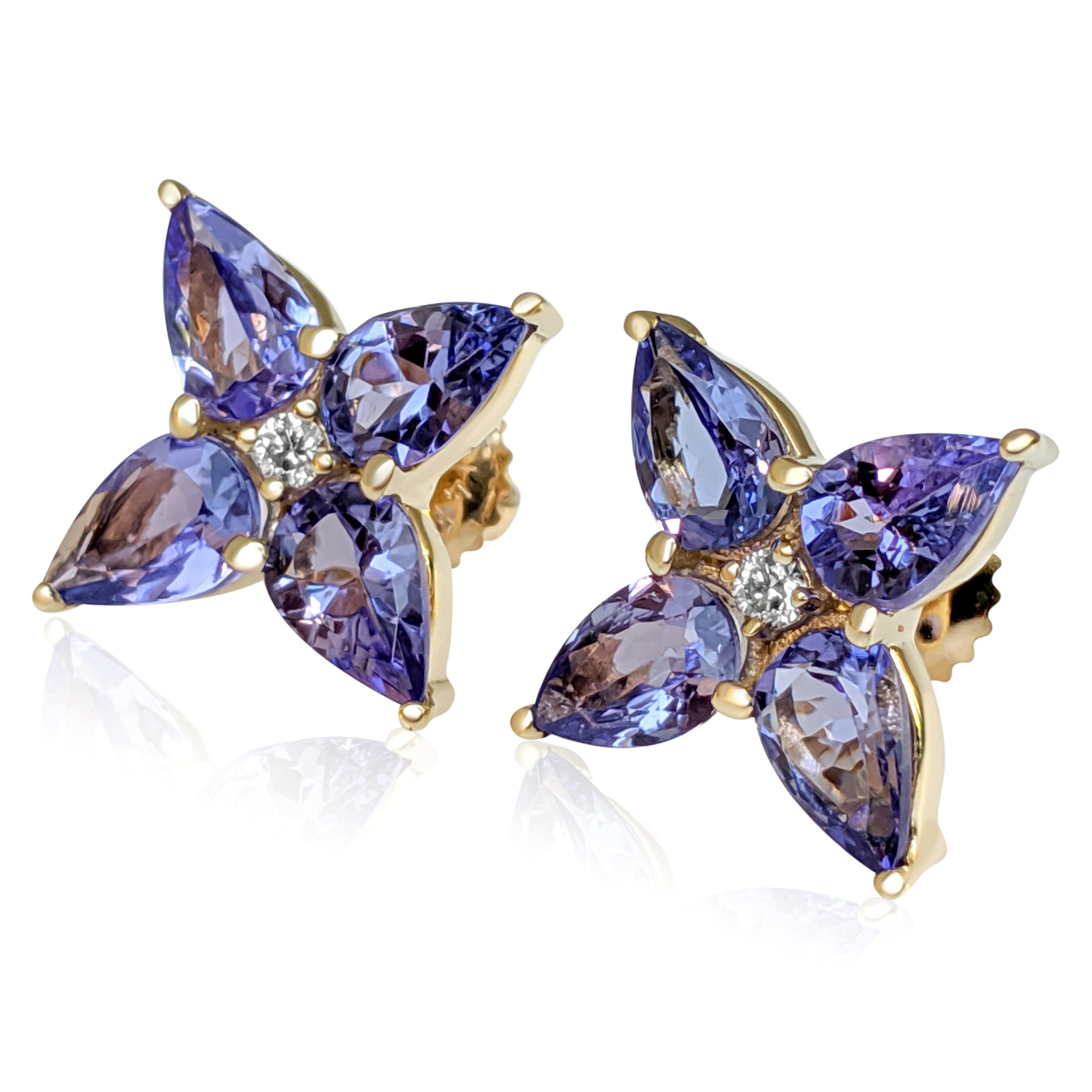 Art Deco NO RESERVE!  2.84cttw Tanzanite & 0.05Ct Diamonds - 14k Yellow Gold Earrings