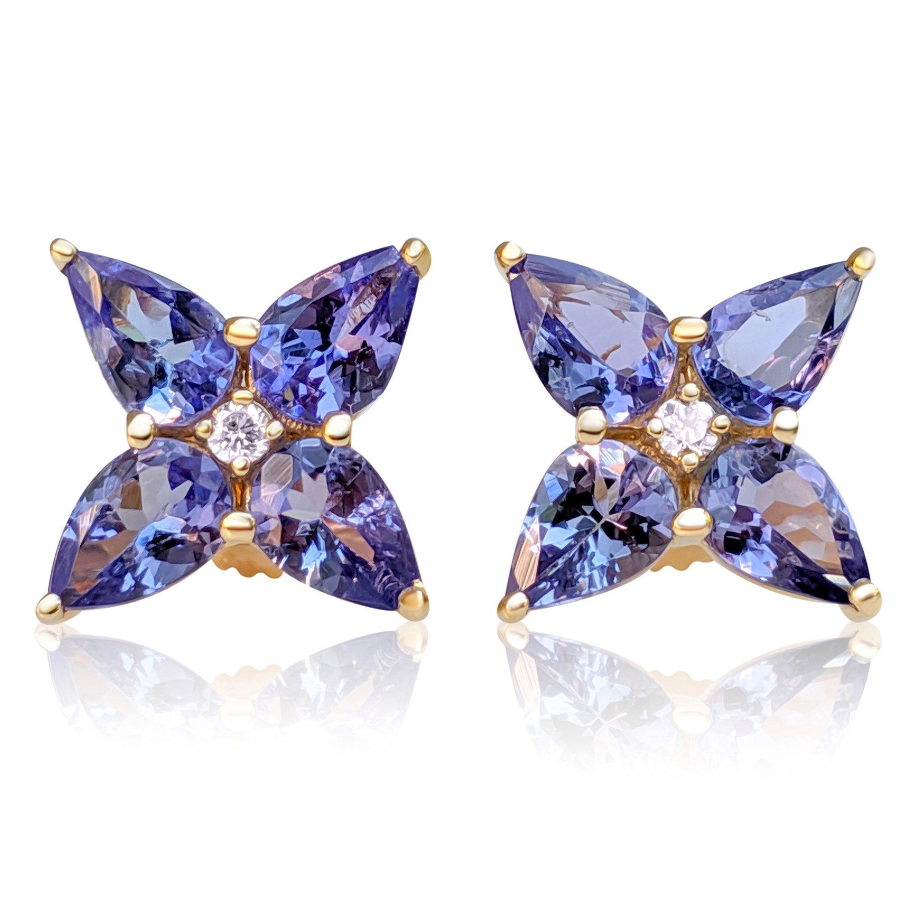 Pear Cut NO RESERVE! 3.00Ct Tanzanite and 0.05Ct Diamonds 14 kt. Yellow gold Earrings For Sale