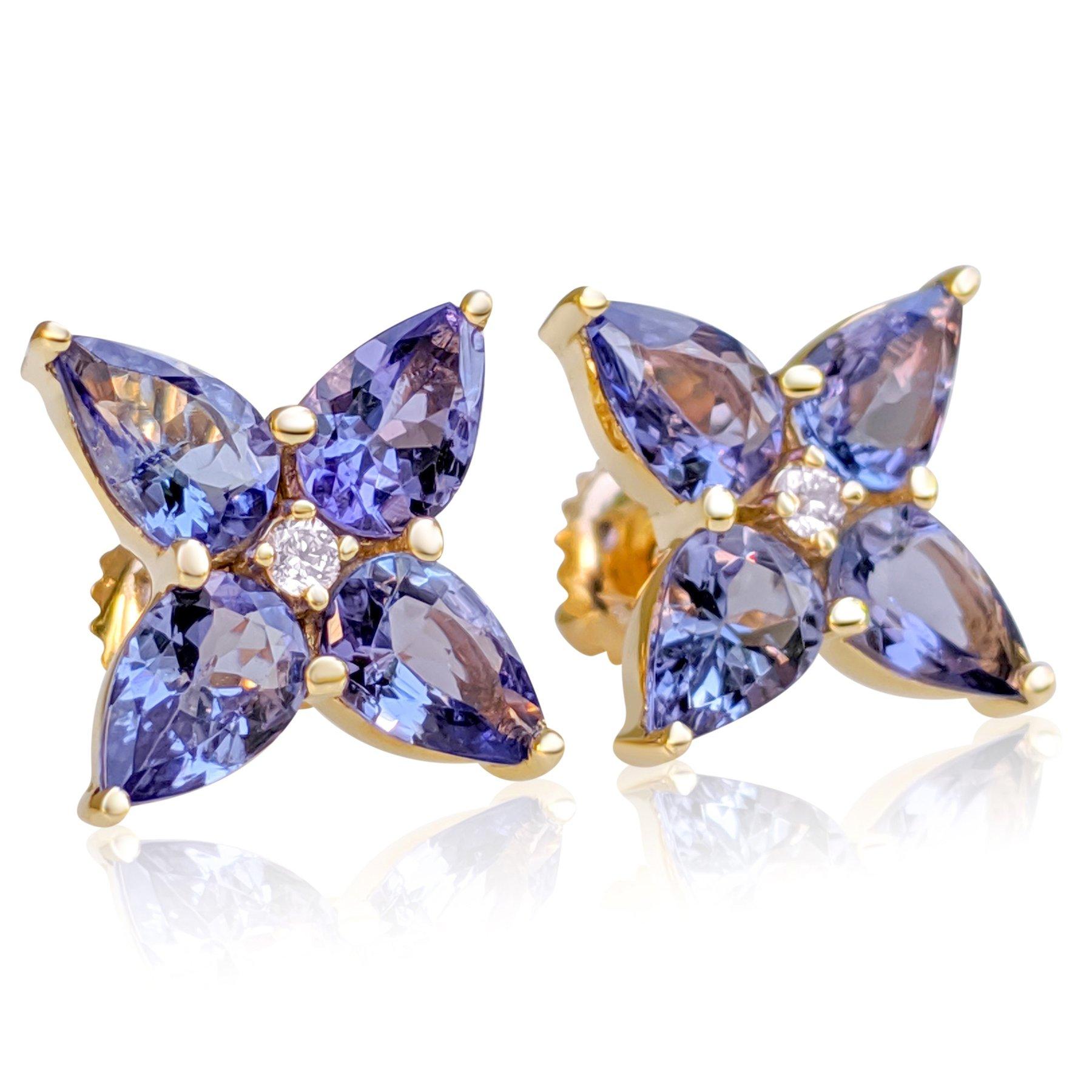 Women's NO RESERVE! 3.00Ct Tanzanite and 0.05Ct Diamonds 14 kt. Yellow gold Earrings For Sale
