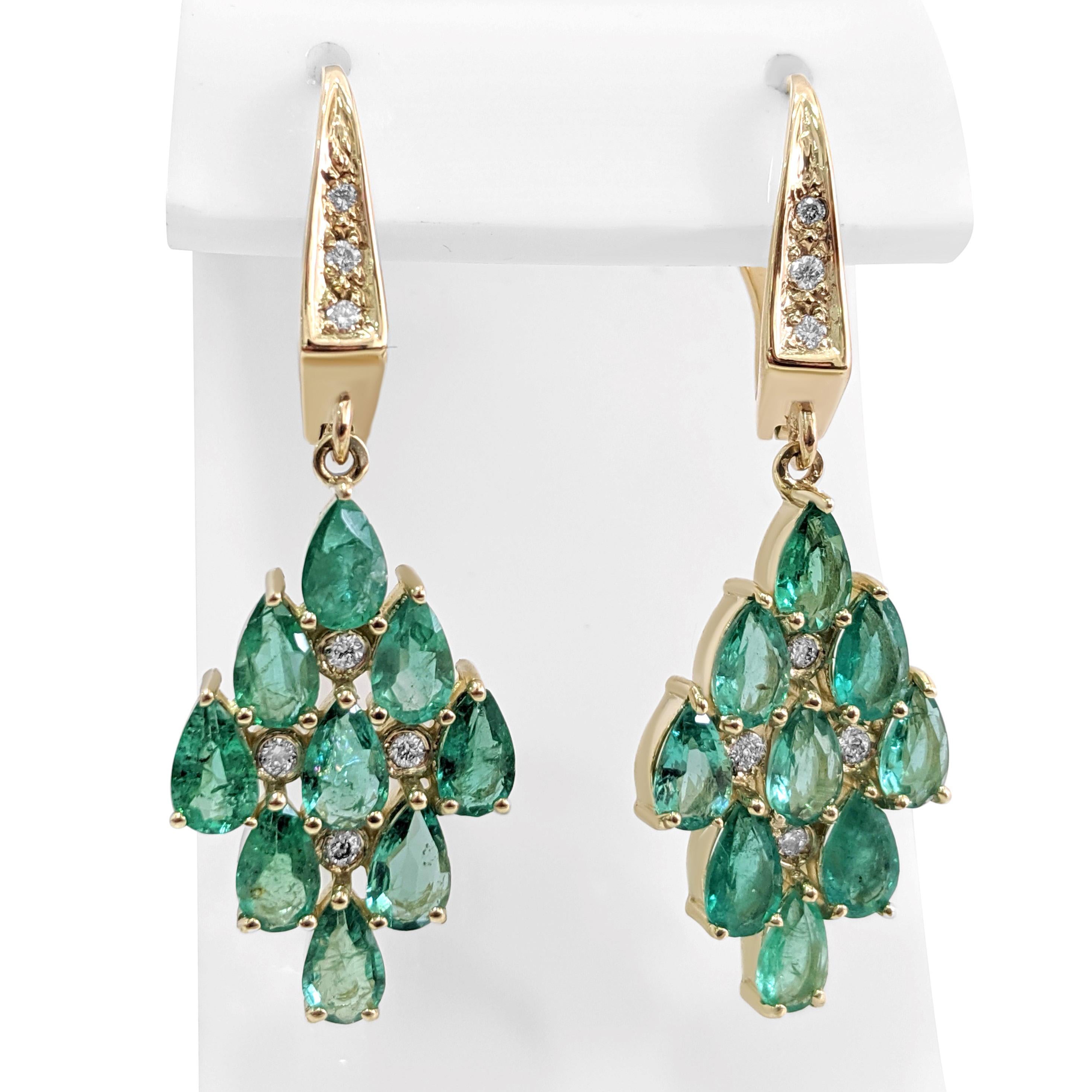 Mixed Cut $1 No Reserve! - 3.12cttw Emerald & 0.10cttw Diamonds, 14k Yellow Gold Earrings