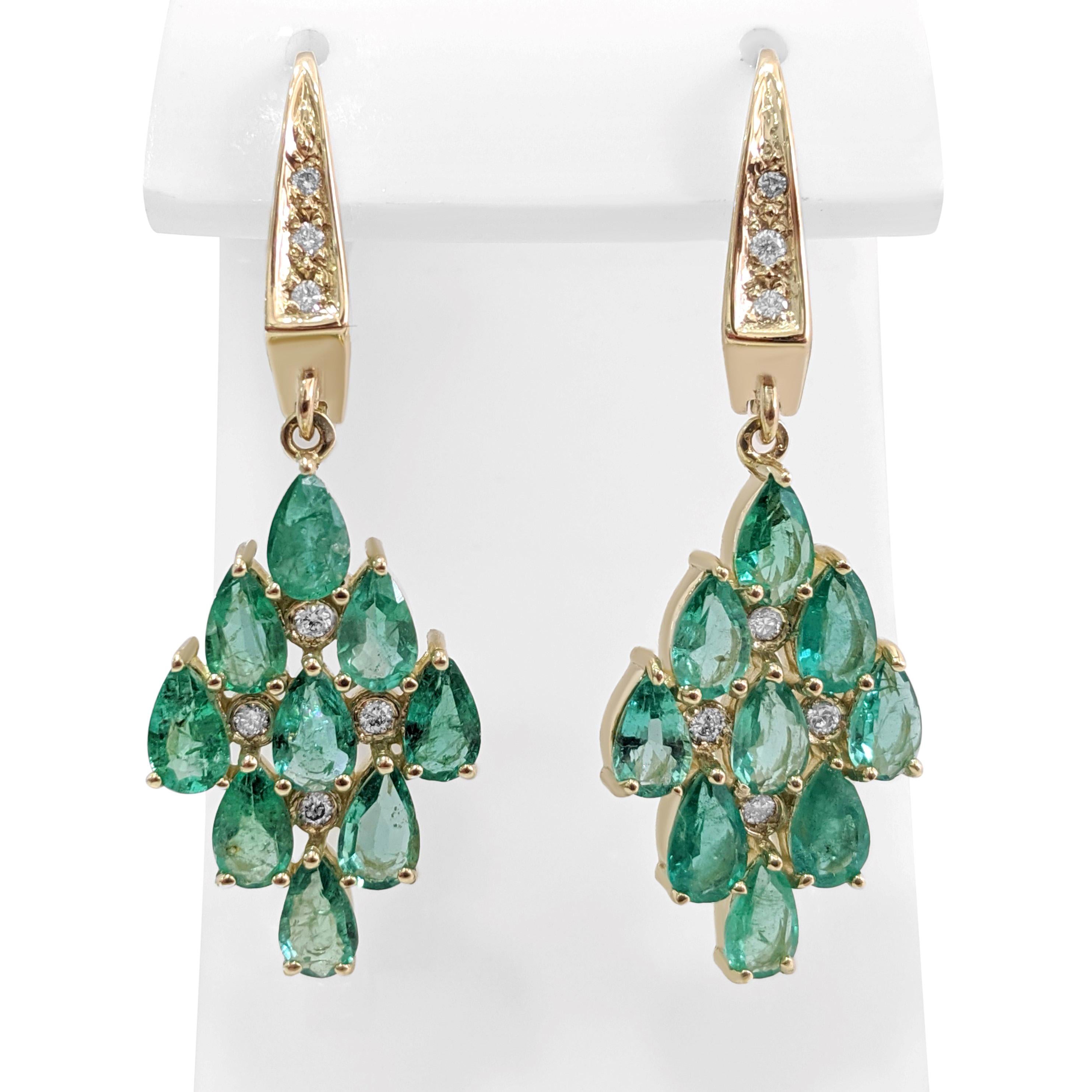 Women's $1 No Reserve! - 3.12cttw Emerald & 0.10cttw Diamonds, 14k Yellow Gold Earrings