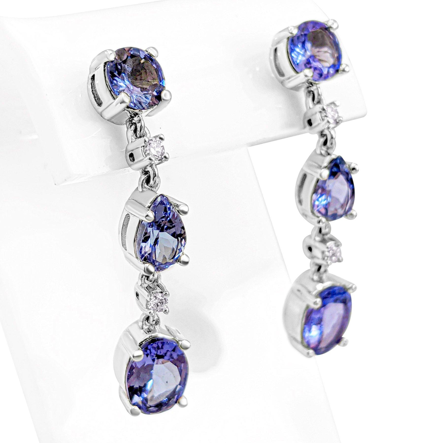 Art Deco $1 NO RESERVE! 3.18 Carat Tanzanite & 0.15 Ct Diamonds - 14k White gold Earrings