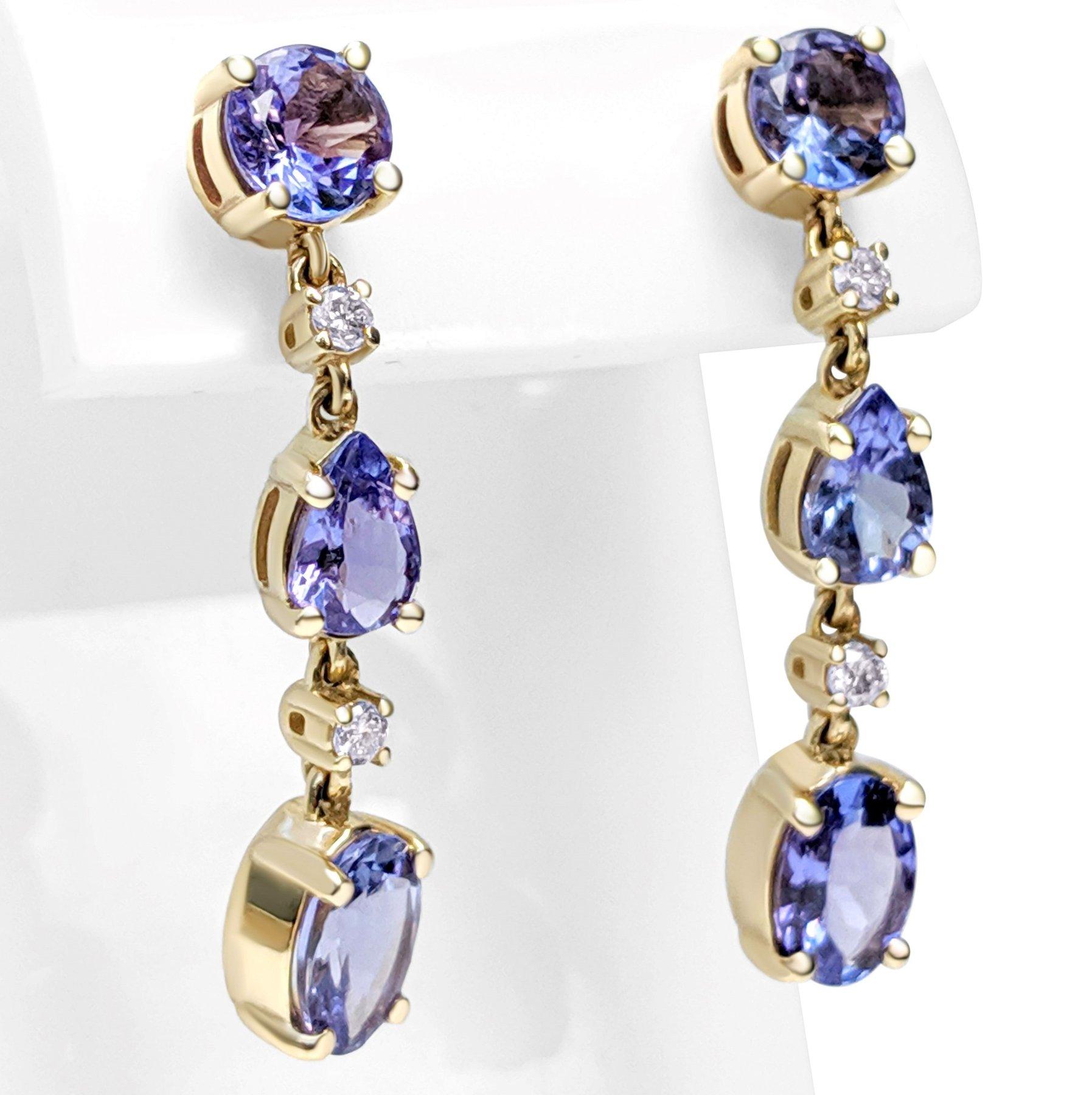 Mixed Cut $1 NO RESERVE! 3.20Ct Tanzanite and 0.15Ct Diamonds 14 kt. Yellow gold Earrings