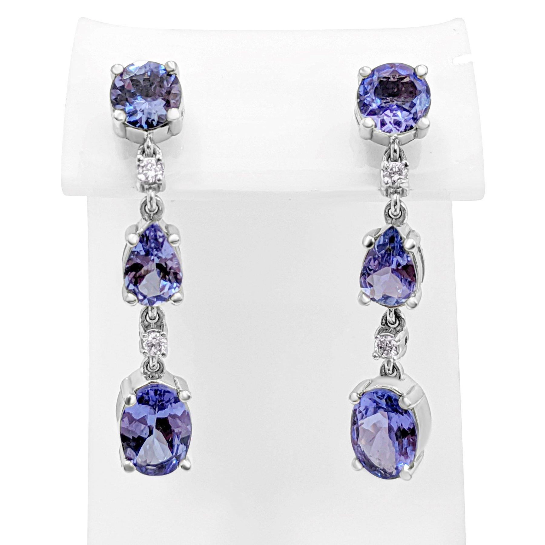 Mixed Cut NO RESERVE! 3.32Ct Tanzanite and 0.15Ct Diamonds 14 kt. White gold Earrings For Sale
