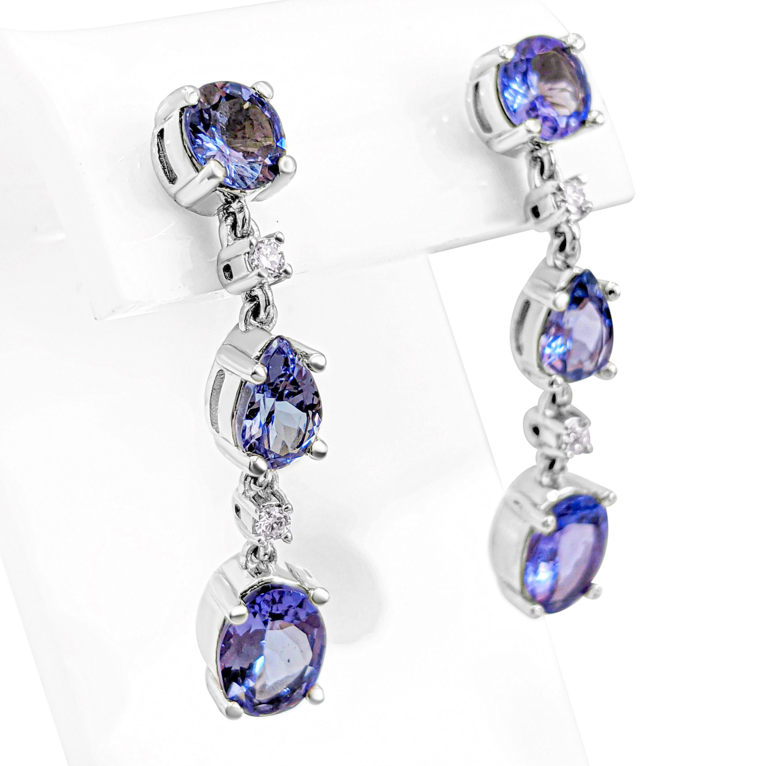Art Deco NO RESERVE!  3.33cttw Tanzanite & 0.08 Ct Diamonds - 14k White gold Earrings