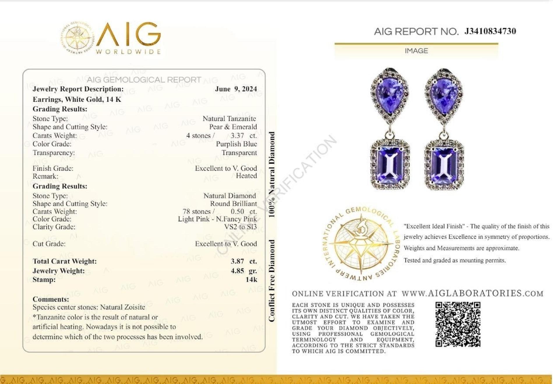 Pear Cut NO RESERVE! 3.37Ct Tanzanite and 0.50Ct Diamonds 14K White Gold Earrings For Sale