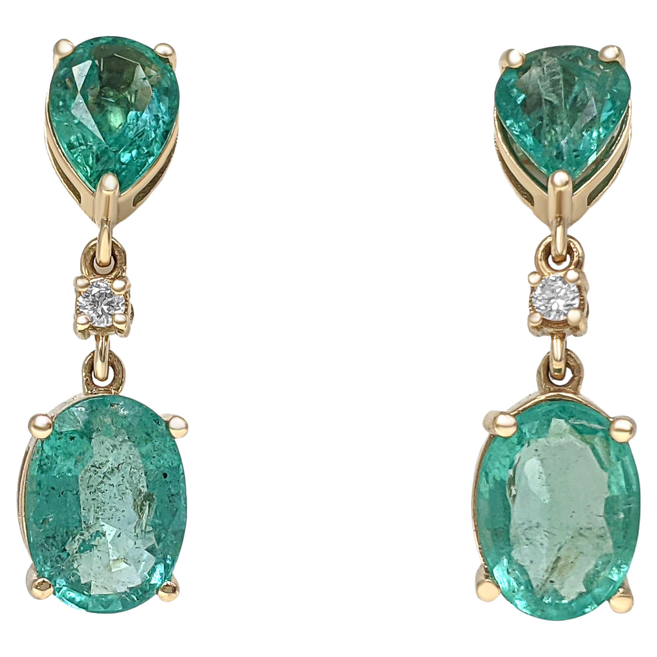 NO RESERVE - 3.37cttw Emerald & 0.06 Carat Diamonds, 14k Yellow Gold Earrings